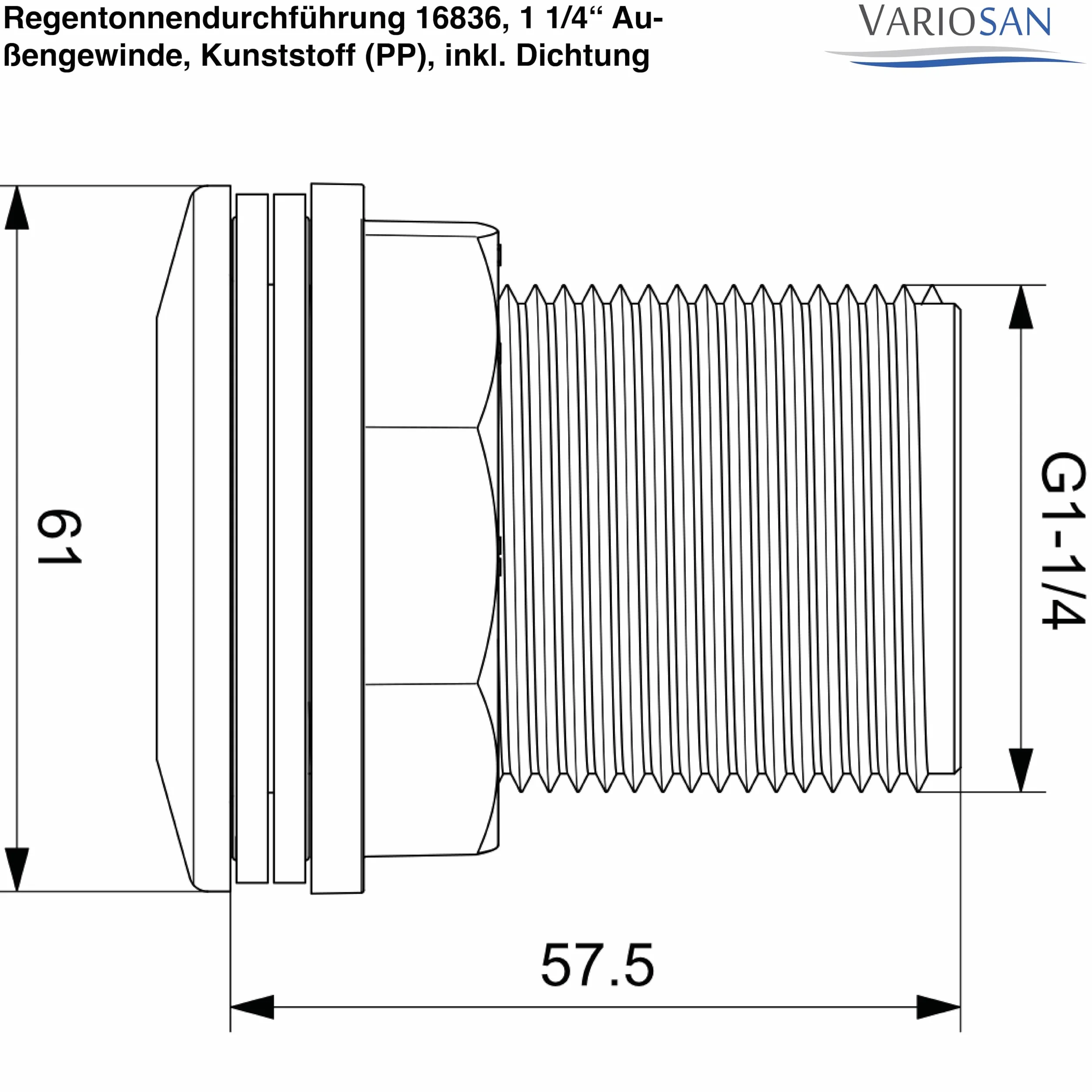 VARIOSAN Przepust zbiornika na deszczówkę 16836, gwint zewnętrzny 1 1/4", PP, z uszczelką