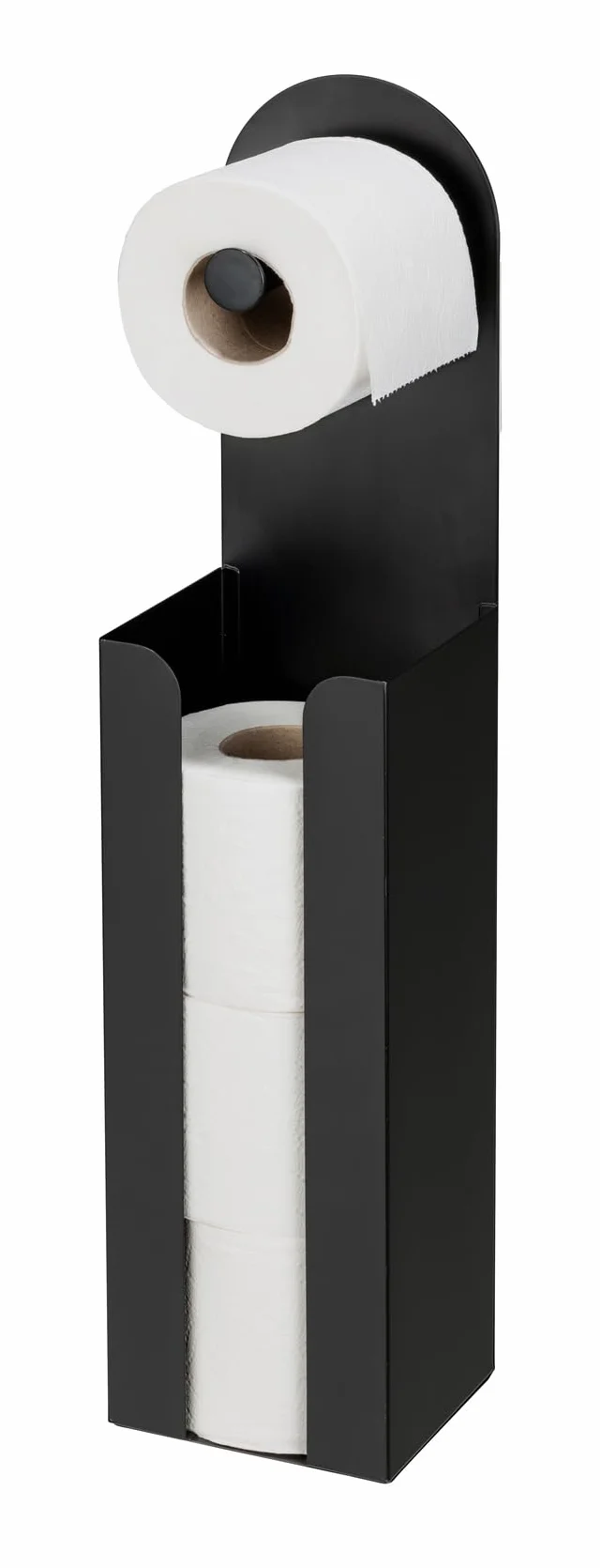 WENKO Uchwyt na papier toaletowy 2 w 1 model Agira, wolnostojący lub do klejenia, miejsce na 3 zapasowe rolki, stal lakierowana na matowo, 12 x 54 x 11 cm, czarny