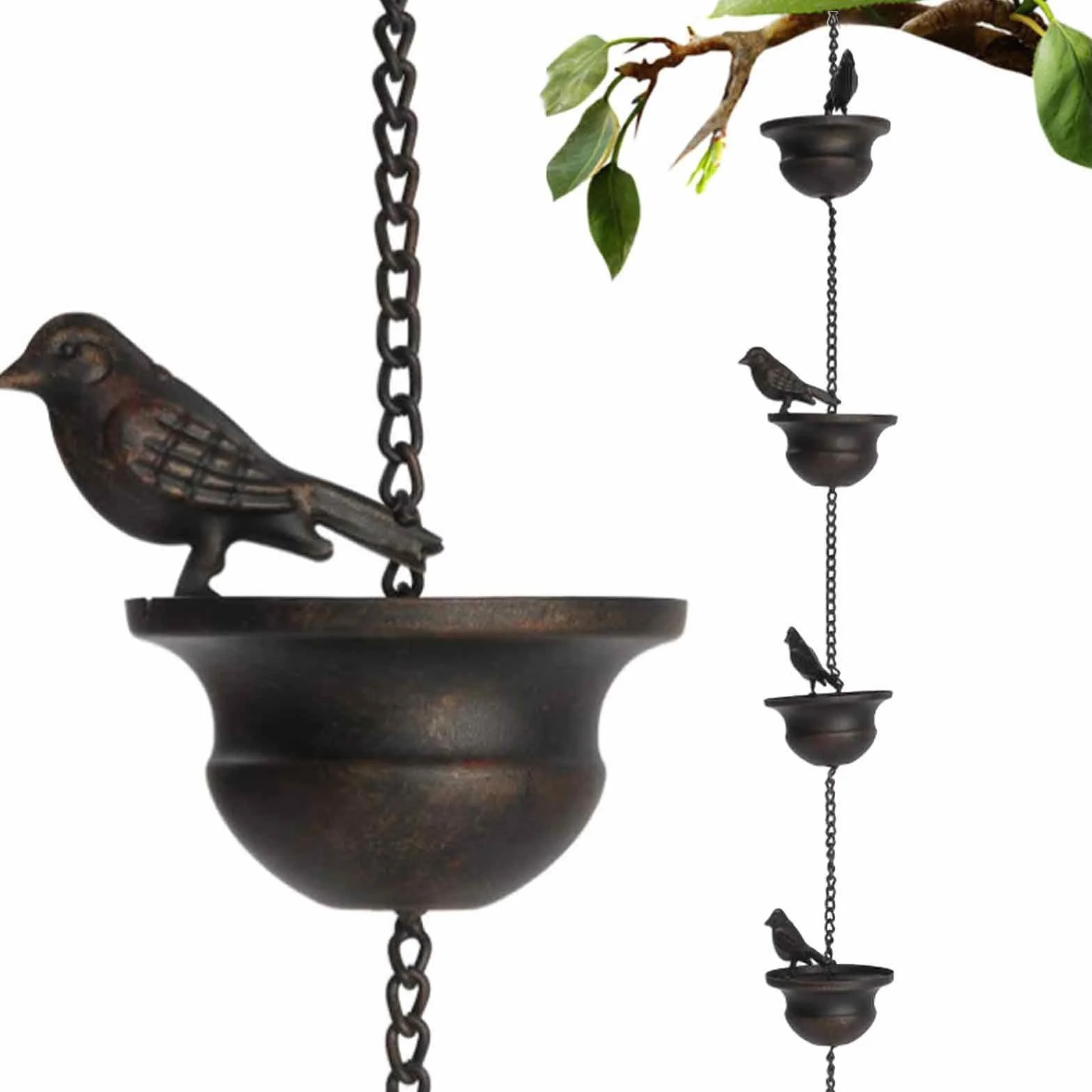 ?a?cuch do rynny deszczowej, ?a?cuch spustowy | Mobile Birds Cups Rain Chimes | 7,8 ft Rain Chimes with Attached Hanger and 8 Birds for Divert Water Away Rain Chain