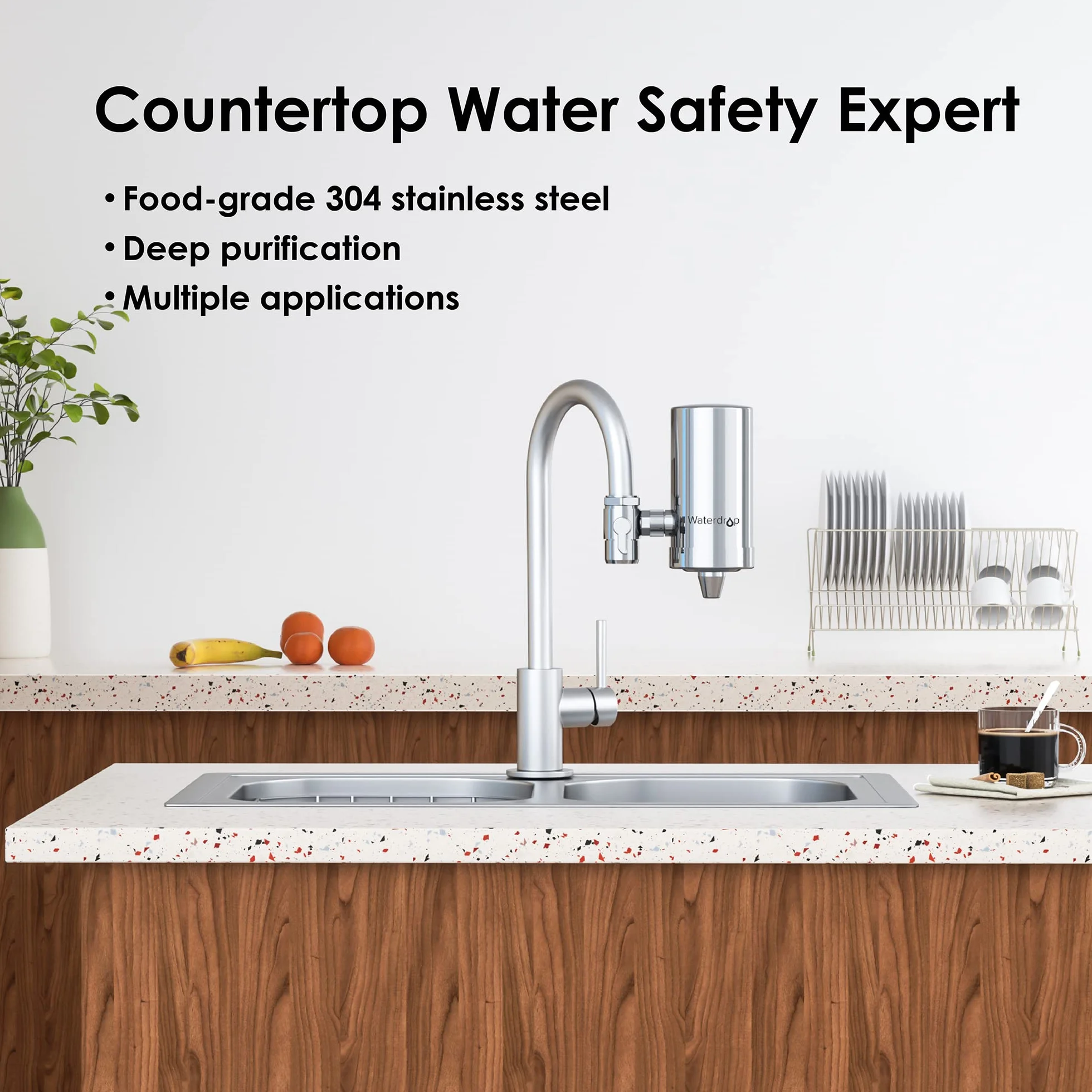 Waterdrop WD-FC-06 Ze Stali Nierdzewnej Filtr do Kranu,System Filtracji Wody z Blokiem Węglowym,Filtr do Wody z Kranu,Oczyszczacz do Kuchni,Redukuje Chlor,Zapach i Nieprzyjemny Smak(Zawiera 4 Filtry)