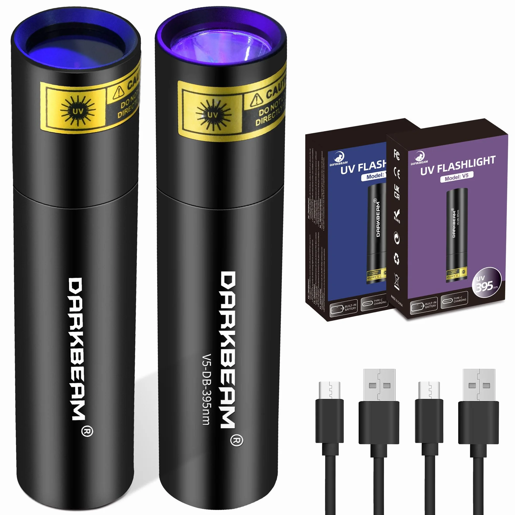 DARKBEAM Latarka UV 365nm i 395nm Blacklight, Mini Potężna Lampa Leśna USB-C Akumulator, Latarki LED Ultrafioletowe Wykrywacz moczu zwierząt domowych do skał, szkła uranowego, utwardzania żywicy, 2szt