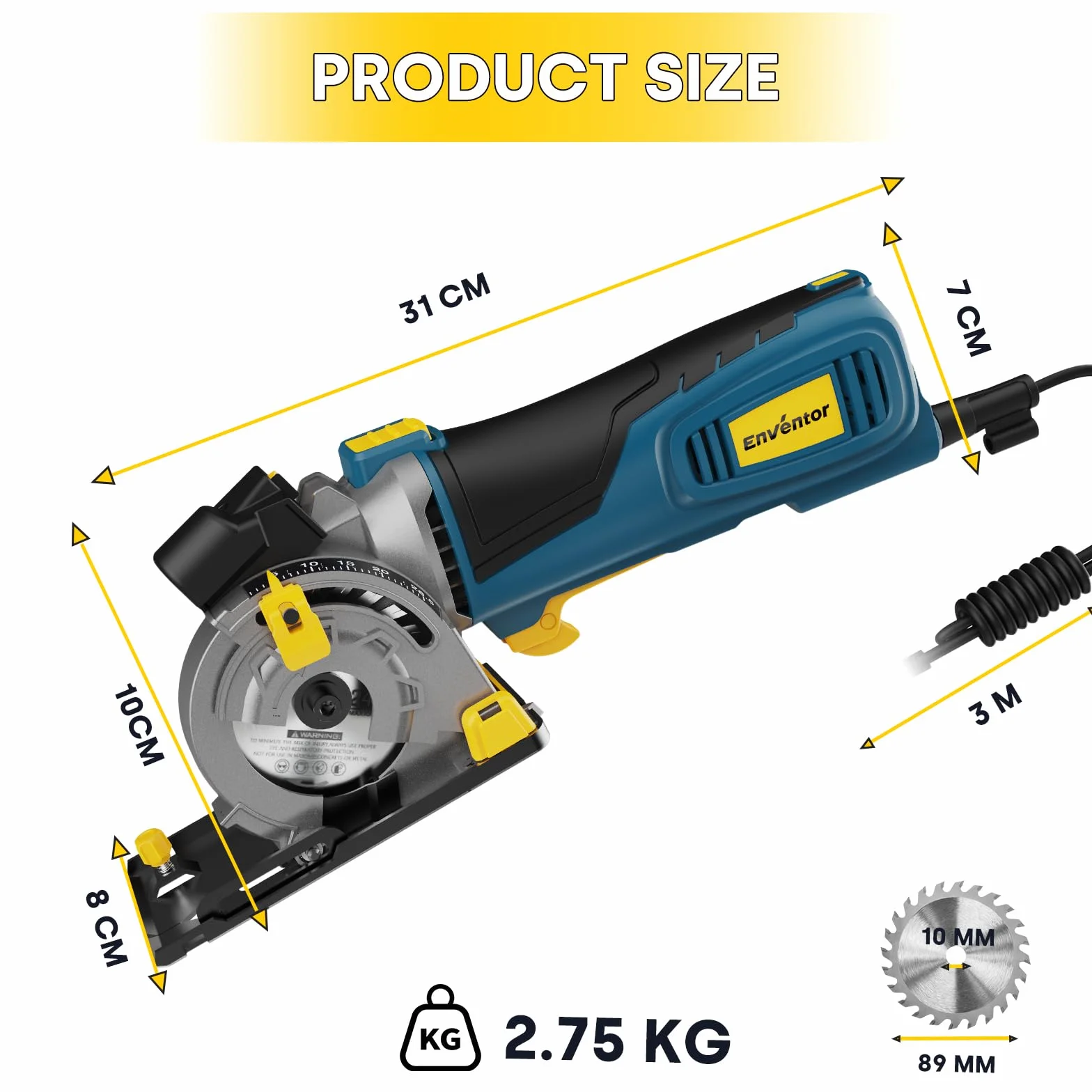 Enventor Mini Pilarka Tarczowa 600W, Miniaturowa Ręczna Pilarka Tarczowa z Linijką Skalową i Prowadnicą Laserową, 5500RPM, 3 Brzeszczoty, Do Drewna, Płytek, Tworzyw Sztucznych i Cienkich Metali