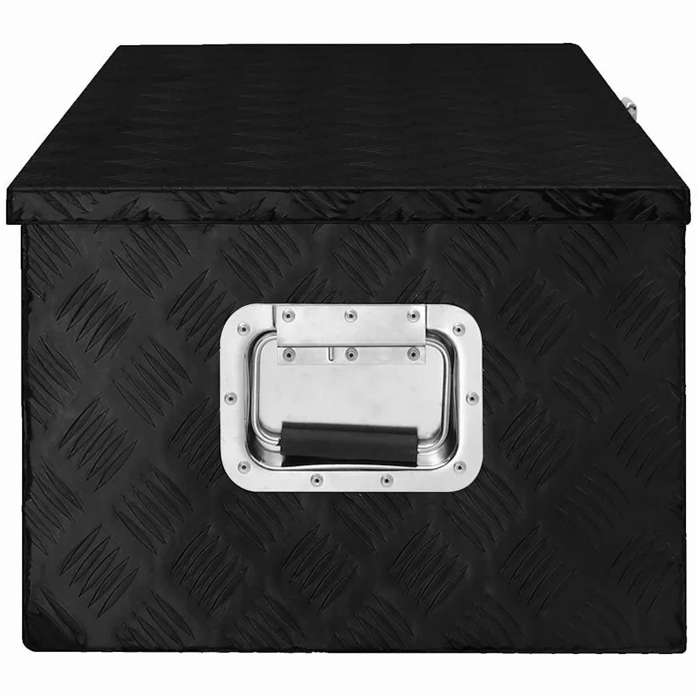 Aluminiowe pudełko do przechowywania, czarne, 90 x 47 x 33,5 cm, do skrzynki narzędziowej, transportu, przechowywania, z uchwytem, systemem zamykania i kluczem, do warsztatu, garażu