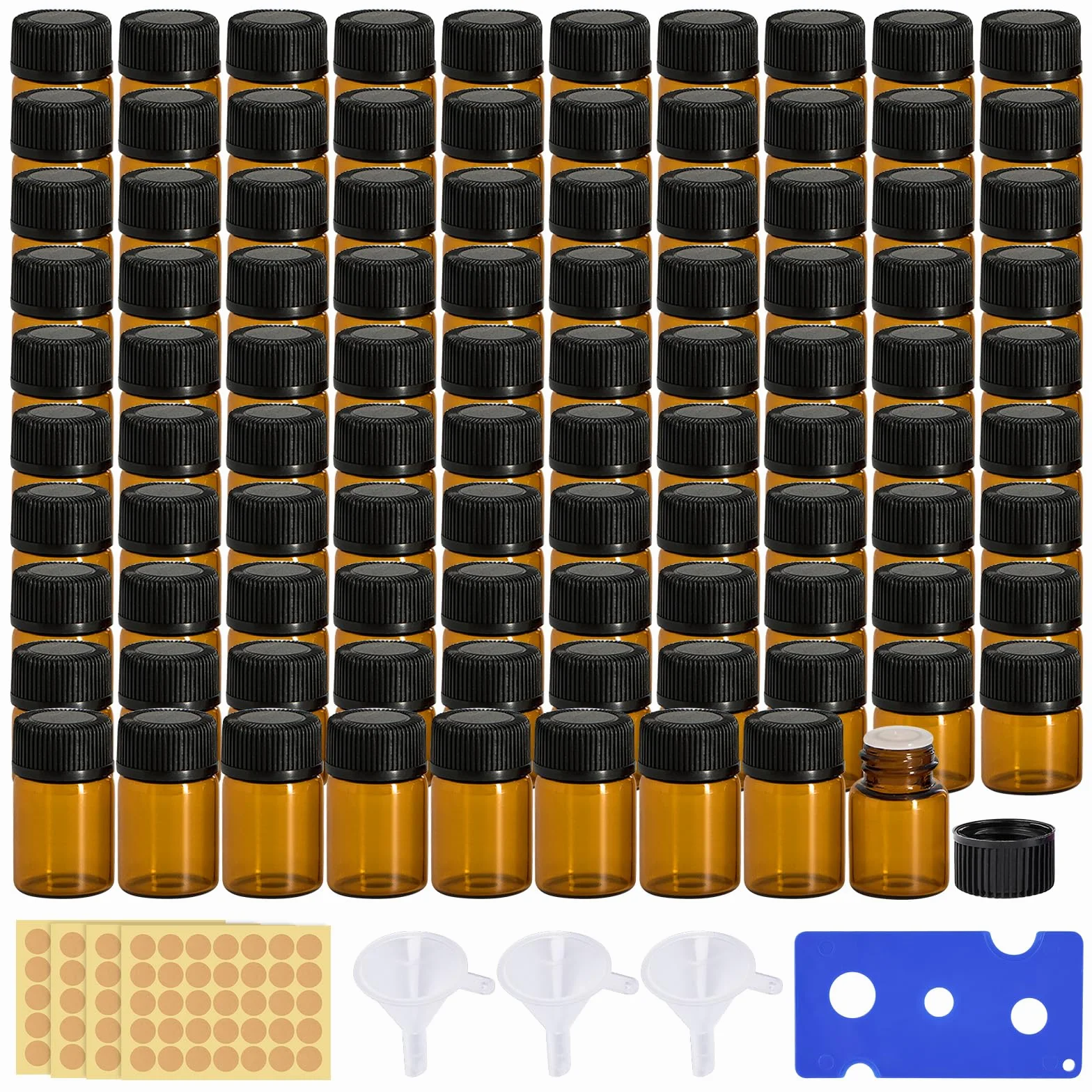 Mini butelki na olejki eteryczne, 100 sztuk, 2 ml, brązowe, puste szklane butelki, butelki na olejki eteryczne, mini butelka szklana z lejkiem i otwieraczem do butelek do olejków eterycznych