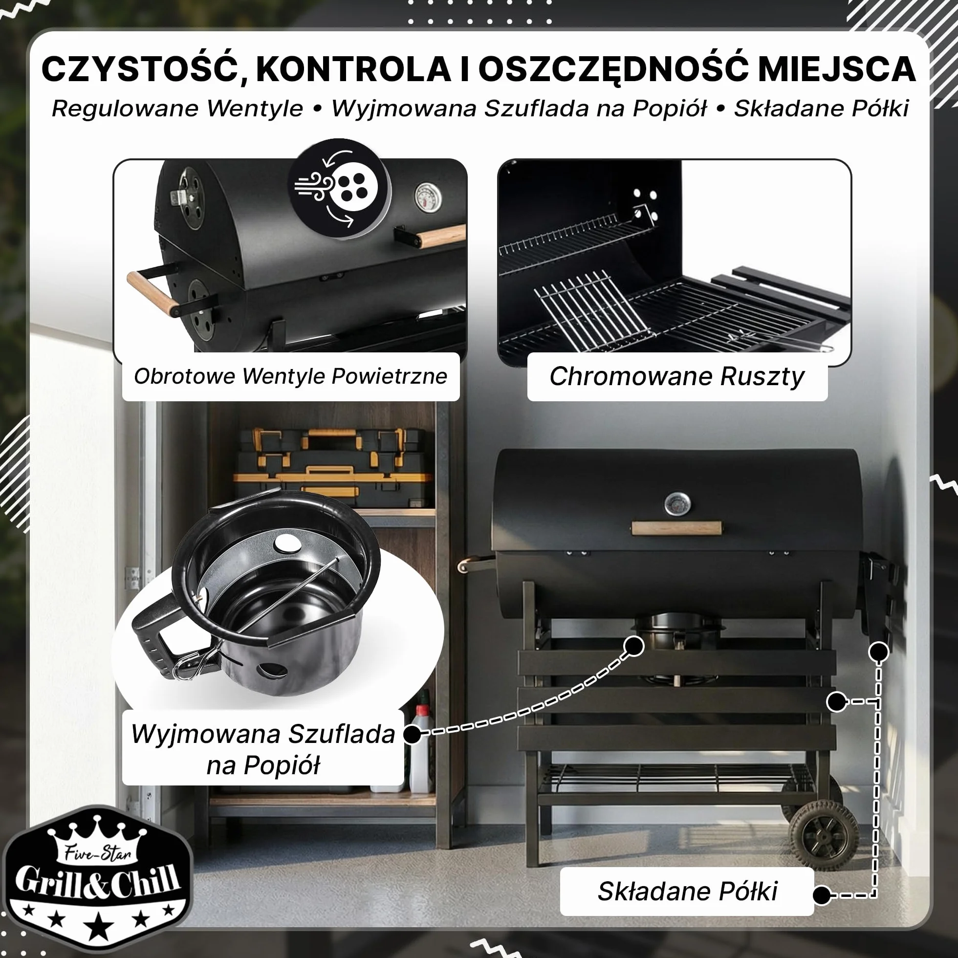 Five-Star Grill & Chill Grill Węglowy Ogrodowy z Pokrywą 71x35 cm GC0002