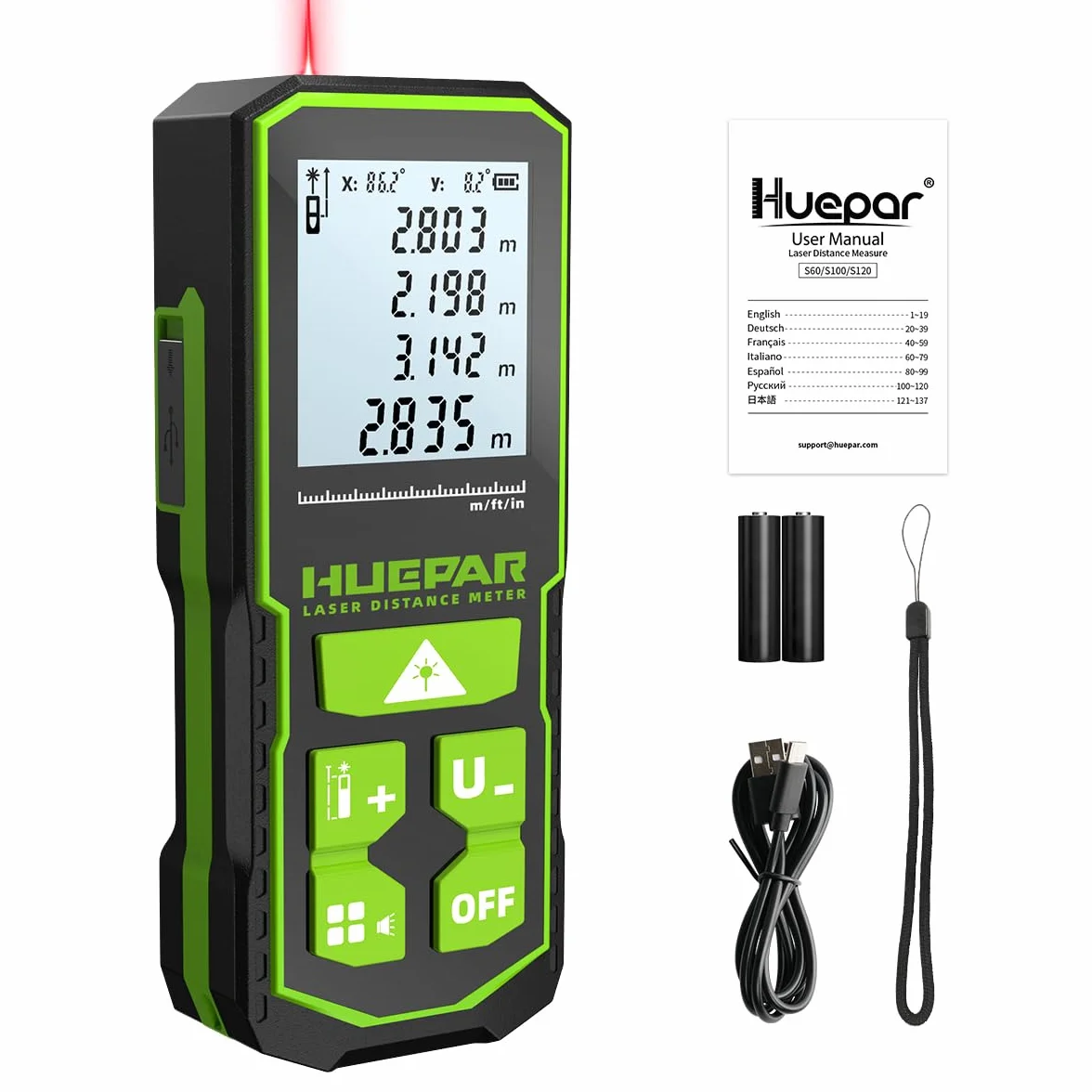 Huepar Laser Distance Measure 393Ft(120M) with Rechargeable Battery & Dual Angle Display, Laser Measure M/In/Ft with Mute Function & Multi-Measurement Modes, Pythagorean, Distance, Area&Volume-S120