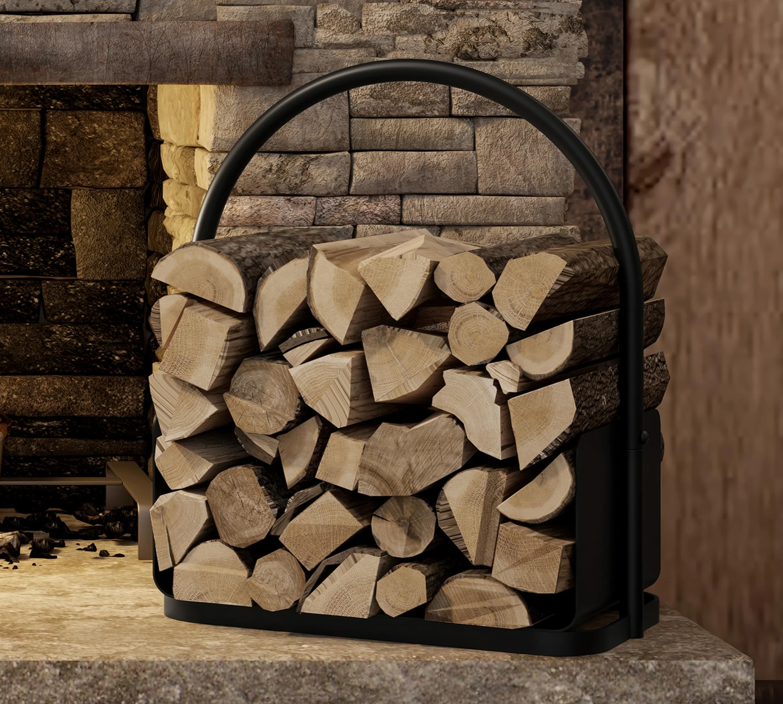 Kingson Kosz na drewno opałowe – Czarny stalowy nośnik polan z powłoką proszkową z uchwytem i podwyższoną krawędzią – 42x28x42cm – Stojak do przechowywania drewna kominkowego do wnętrz i na zewnątrz