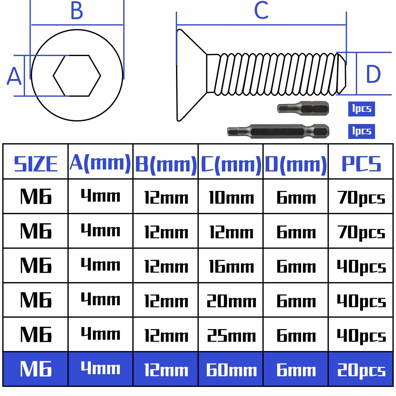 20 sztuk śrub z łbem stożkowym ze stali nierdzewnej M6 x 60 mm, śruby z łbem sześciokątnym M6, śruby z łbem wpuszczanym, z 2 sztukami sześciokątnych łba wkrętaka DIN 7991/ISO 10642 (srebrne)