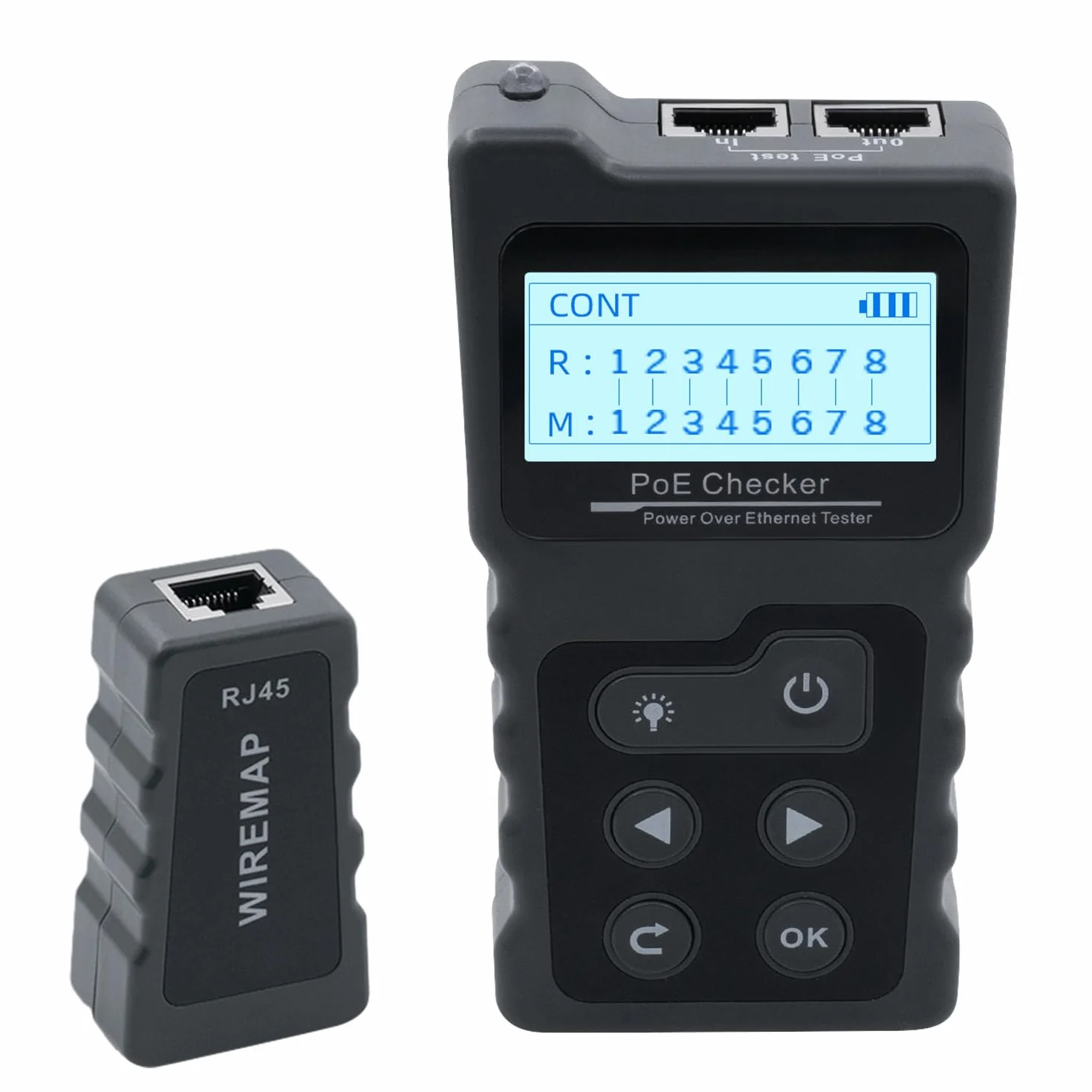 Tester sieci z PoE, tester kabli sieciowych RJ45 z wyświetlaczem LCD do stanu poprzecznego i przerwania kabli sieciowych Cat5/Cat6, test napięcia i prądu