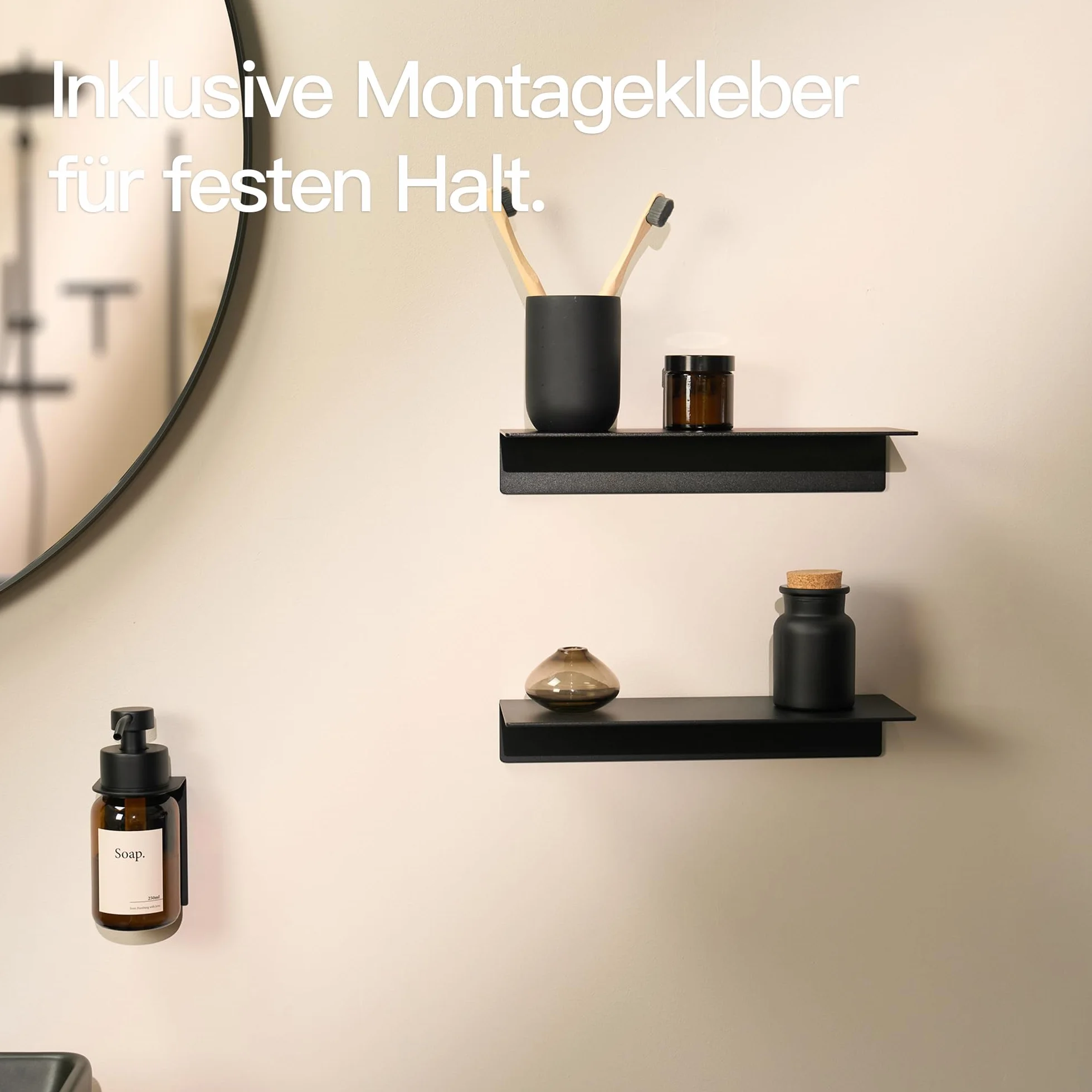 Designfabrik Hamburg Regał ścienny bez wiercenia | samoprzylepny regał prysznicowy | półka do łazienki, łazienki dla gości, kuchni | nowoczesne wzornictwo | 30 cm | czarny