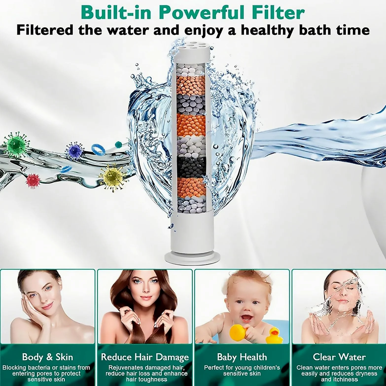 Deszczownica z 9 trybami ręcznego natryskiwania, wysokociśnieniowa głowica prysznicowa z ramieniem, filtr wielowarstwowy, regulowany kąt, dysze zapobiegające zatykaniu, chromowane srebro