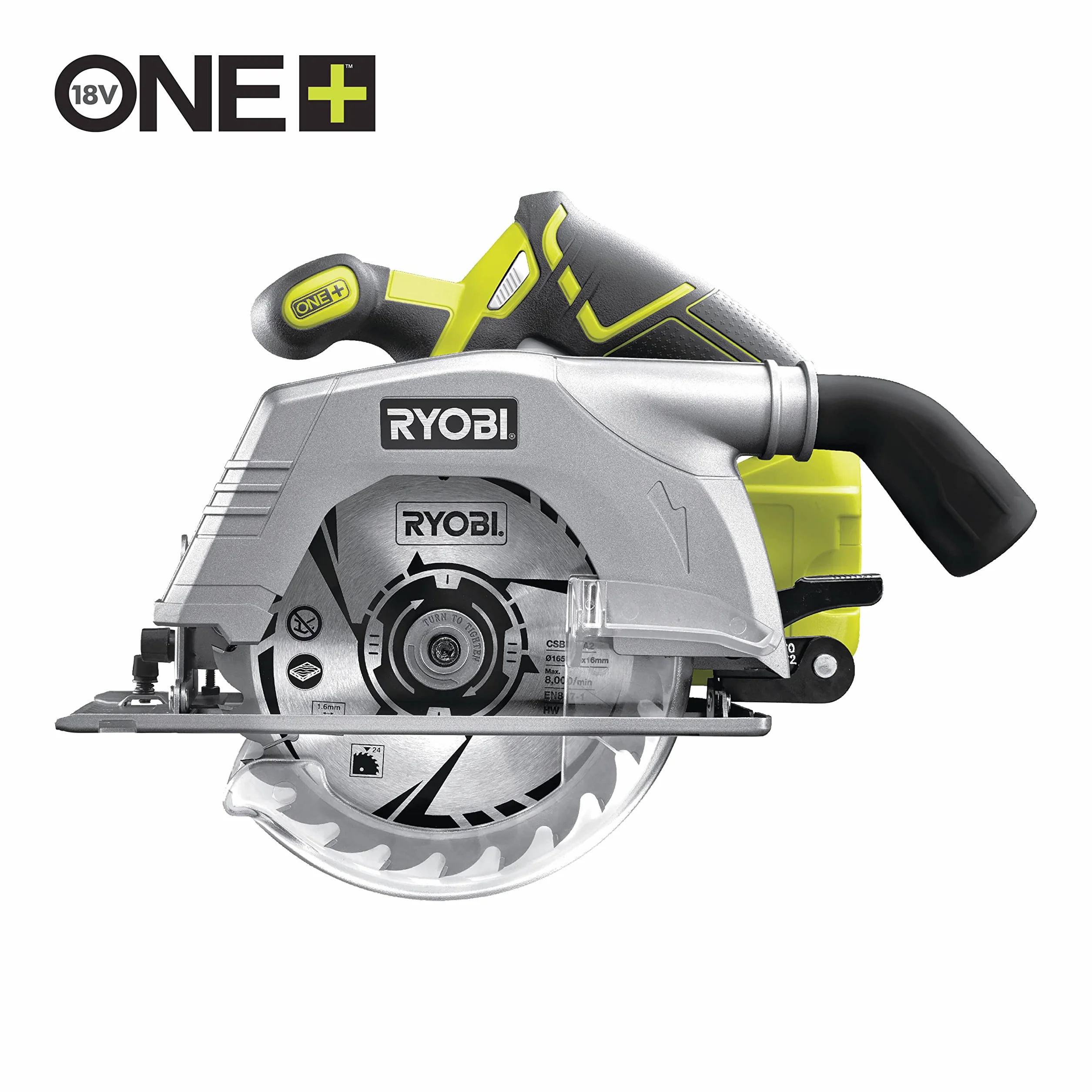 Ryobi Pilarka Tarczowa 18V, R18CS-0,Średnica Tarczy 165 mm, 24 Zęby, Regulowana Głebokość Cięcia, do 52 mm pod Kątem 90° i do 36 mm pod Kątem 45°, Zestaw Nie Zawiera Akumulatora i Ładowarki
