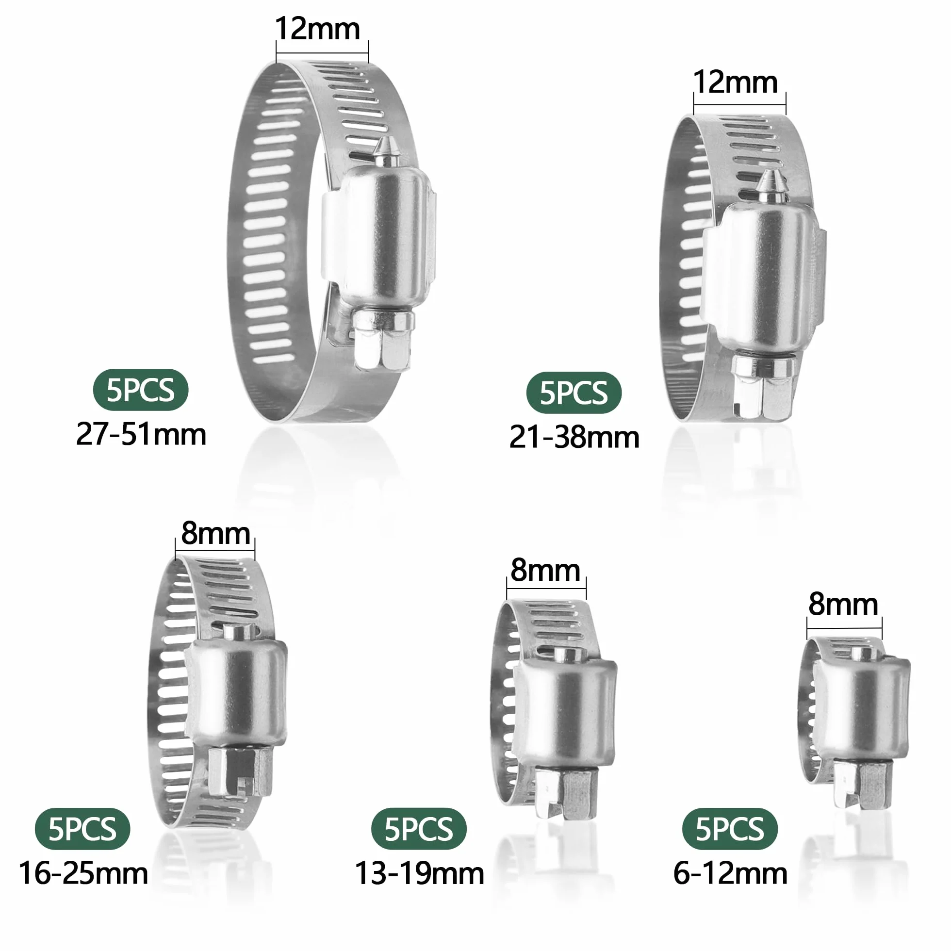 Zestaw 25 opasek zaciskowych do węża, regulowane 6-51 mm, ze stali nierdzewnej, 5 rozmiarów, zacisk do węża do rur wodnych, do rur samochodowych 6-12/13-19/16-25/21-38/27-51 mm
