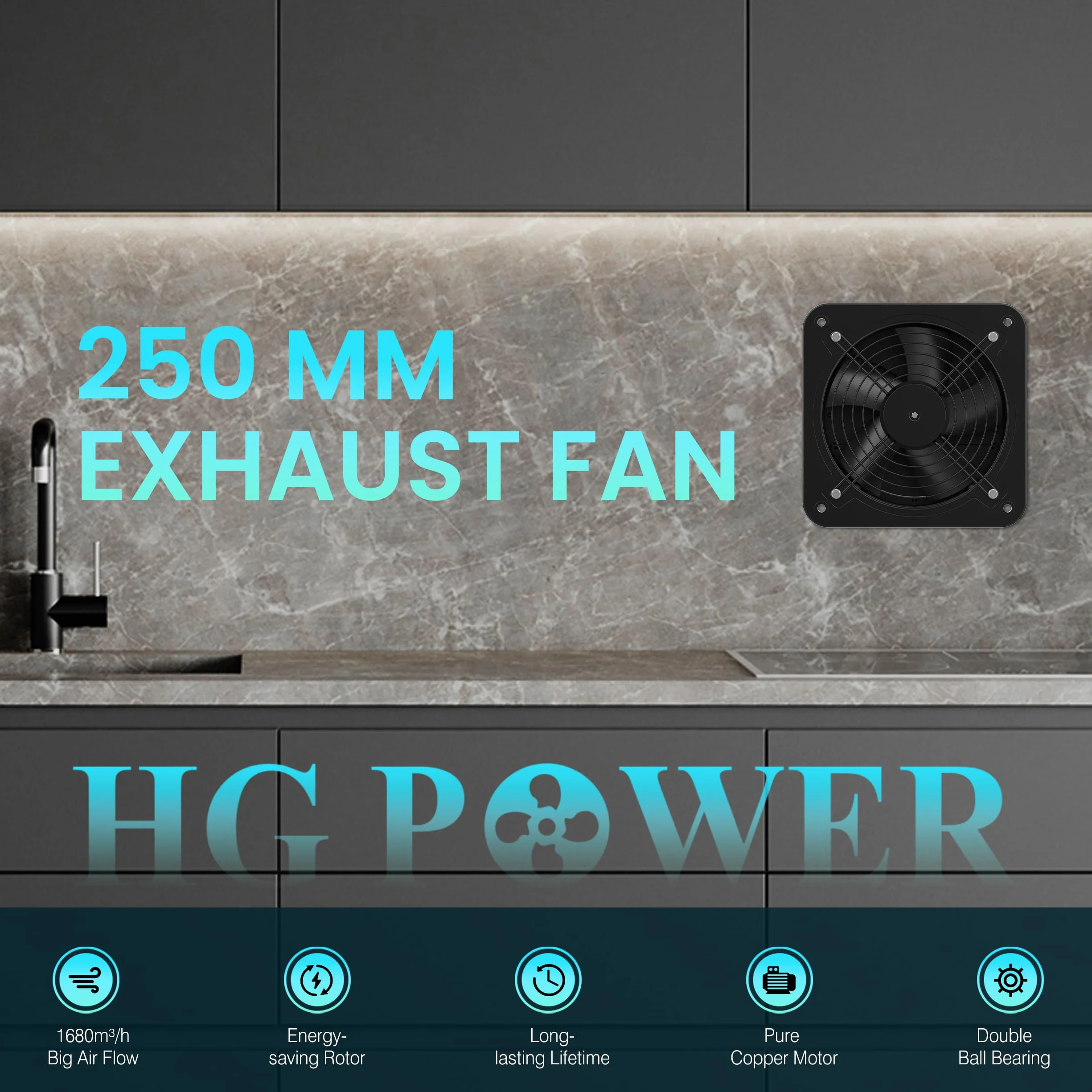 HG Power Wentylator wyciągowy 250 mm - 1680 m³/h Wyciąg do łazienki cicha z klapą zwrotną, regulator prędkości, wtyczka, wyciąg przemysłowy 74,5 W do kuchni, garażu, piwnicy, biura, czarny