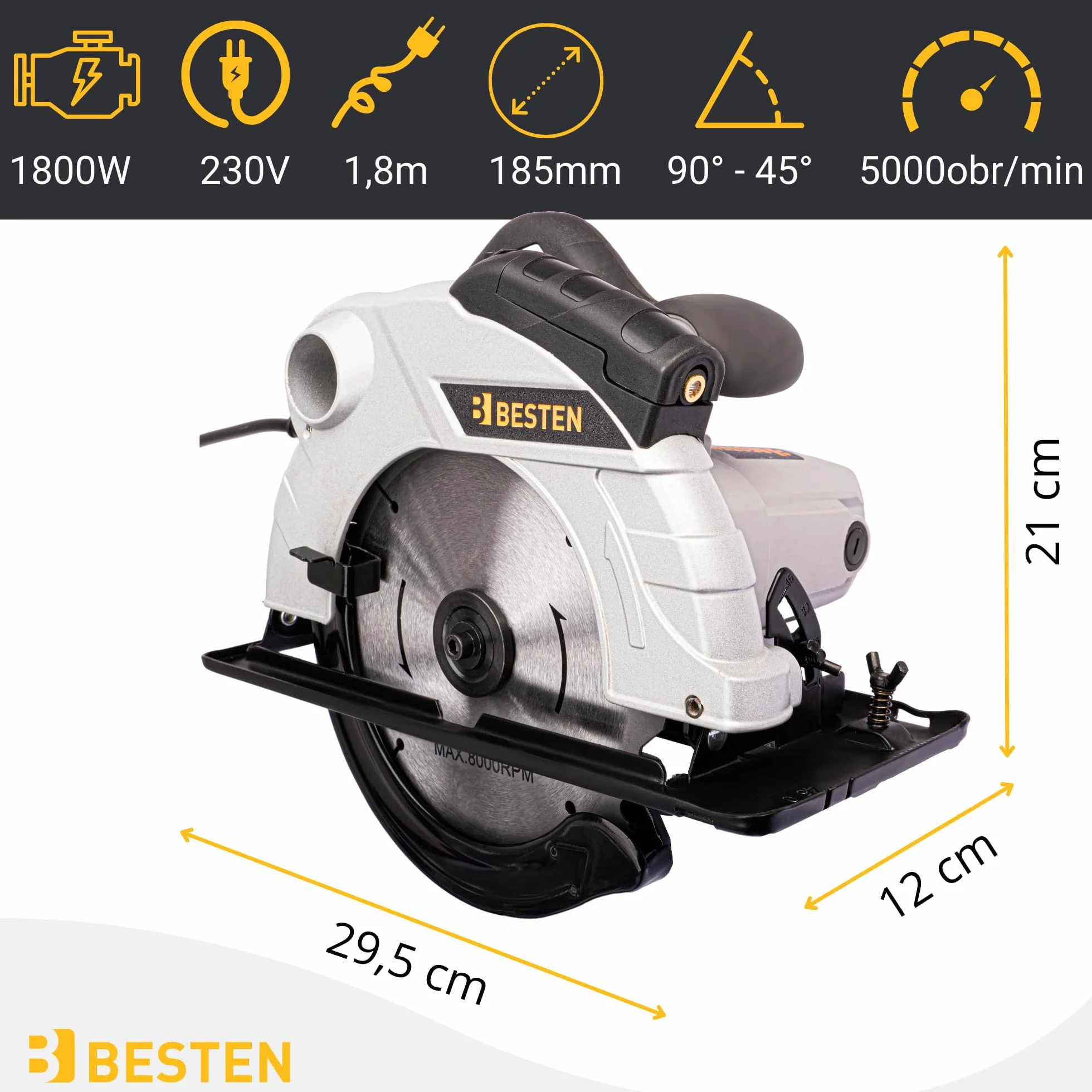 Piła tarczowa ręczna 2000W 185 mm do drewna, laser, 3 tarcze 24T 40T 60T, cięcie 65 mm, regulacja 0–45°, odsysanie pyłu BESTEN