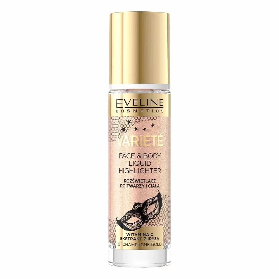 Eveline Cosmetics Varit płynny rozświetlacz do twarzy i ciała – nr 01 Champagne Gold | wszechstronna formuła na policzki, oczy, usta i ciało | wzbogacony witaminą C i wyciągiem z irysa