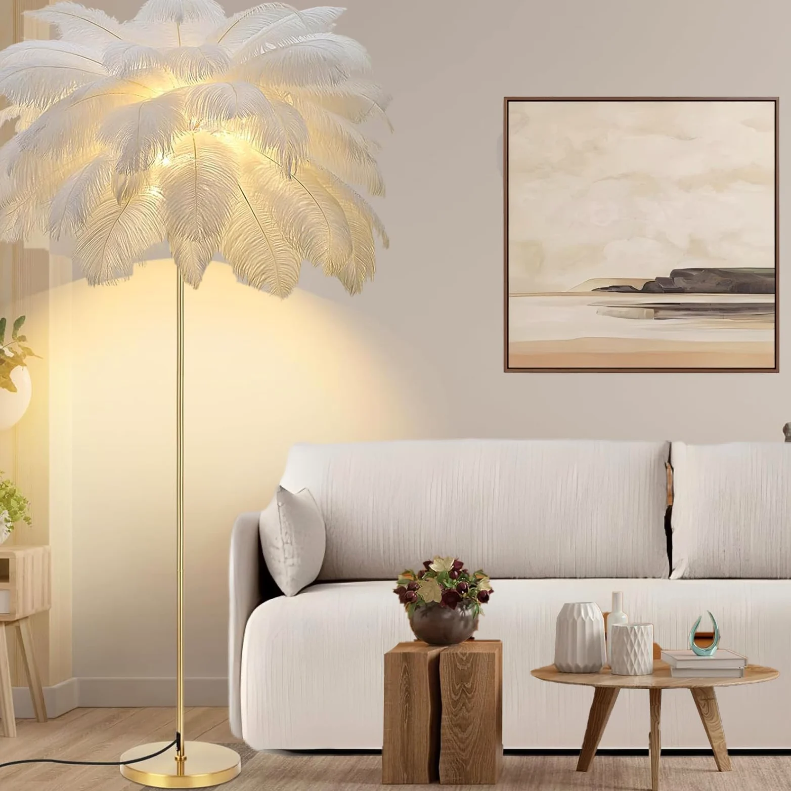 Nowoczesna lampa z piórami, 160 cm lampa podłogowa z piór strusich, 3 kolory z regulowaną jasnością, do salonu, czytelni, sypialni