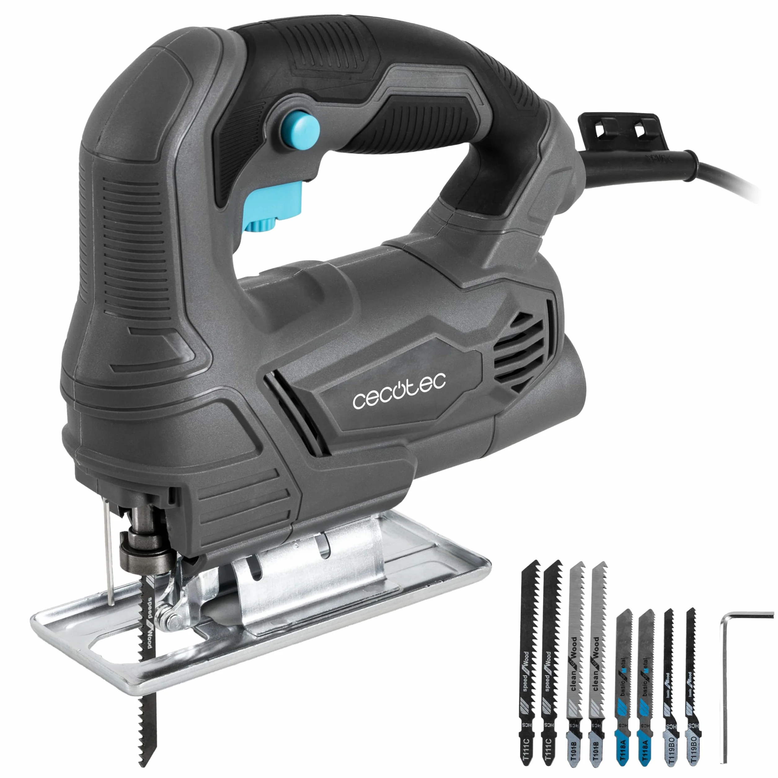 Cecotec Wyrzynarka MultiCut 4000, 400 W, przecinarka do 45°, przewód 2 m, regulowana prędkość, adapter do odkurzacza, w zestawie 8 pił do różnych materiałów