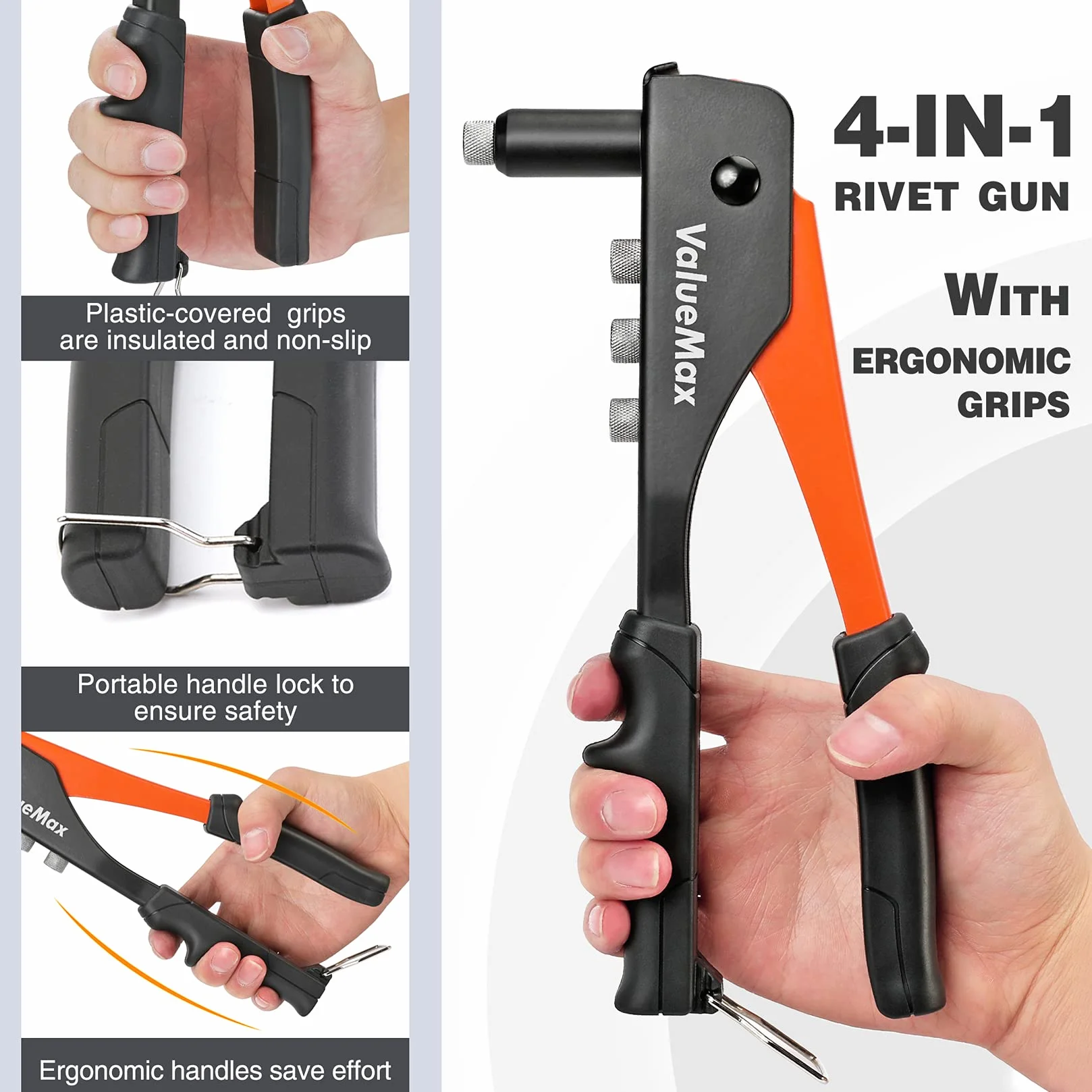 ValueMax Zestaw nitów 4 w 1 z 200 nitami, nitownica pop z 4 wymiennymi końcówkami 3/32" (2,4 mm), 1/8" (3,2 mm), 5/32" (4,0 mm), 3/16" (4,8 mm), wytrzymały zestaw nitów pop