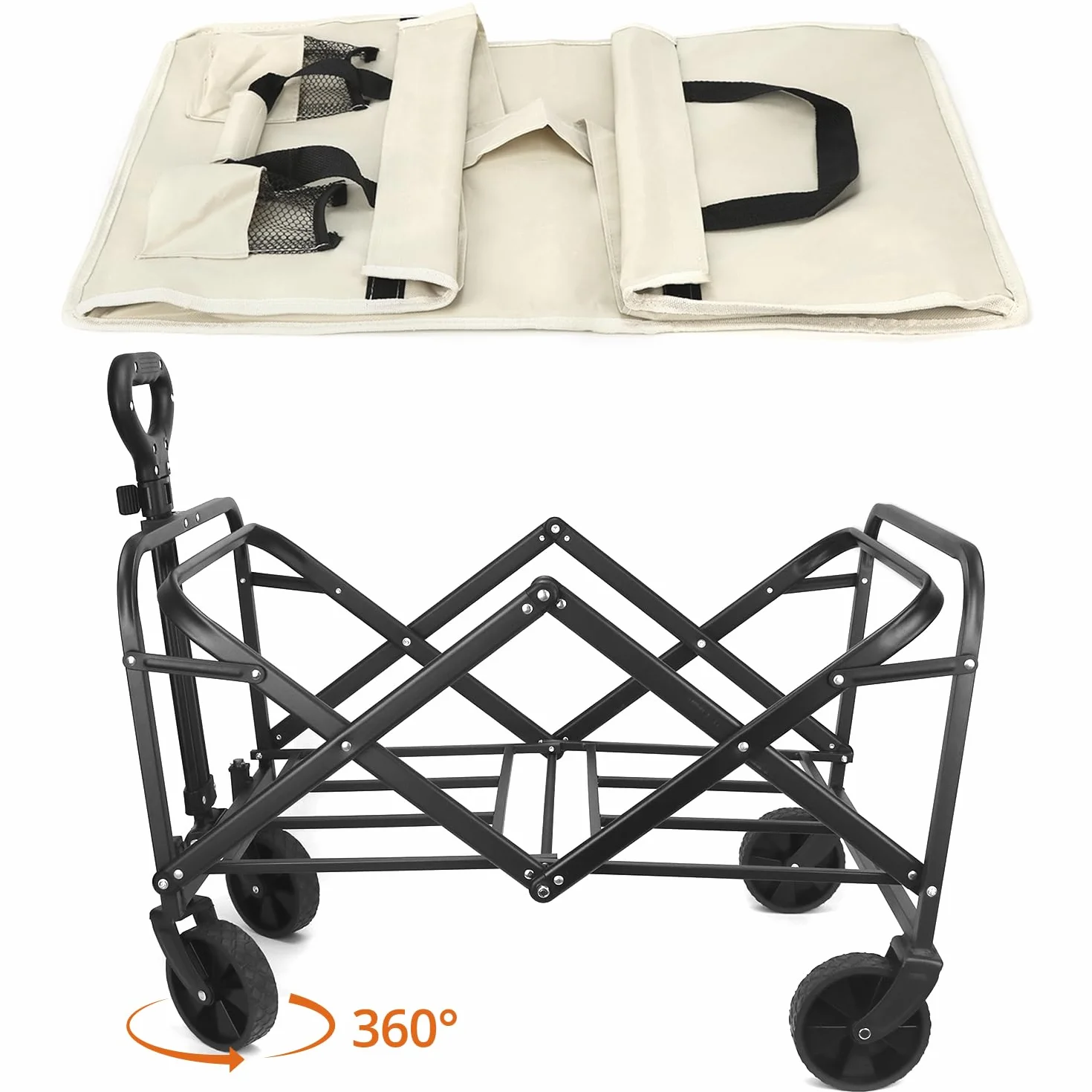 QWORK® Składany wózek ręczny na kemping, wózek plażowy, wózek transportowy z regulowanym uchwytem i boczną kieszenią, obciążenie do 80 kg