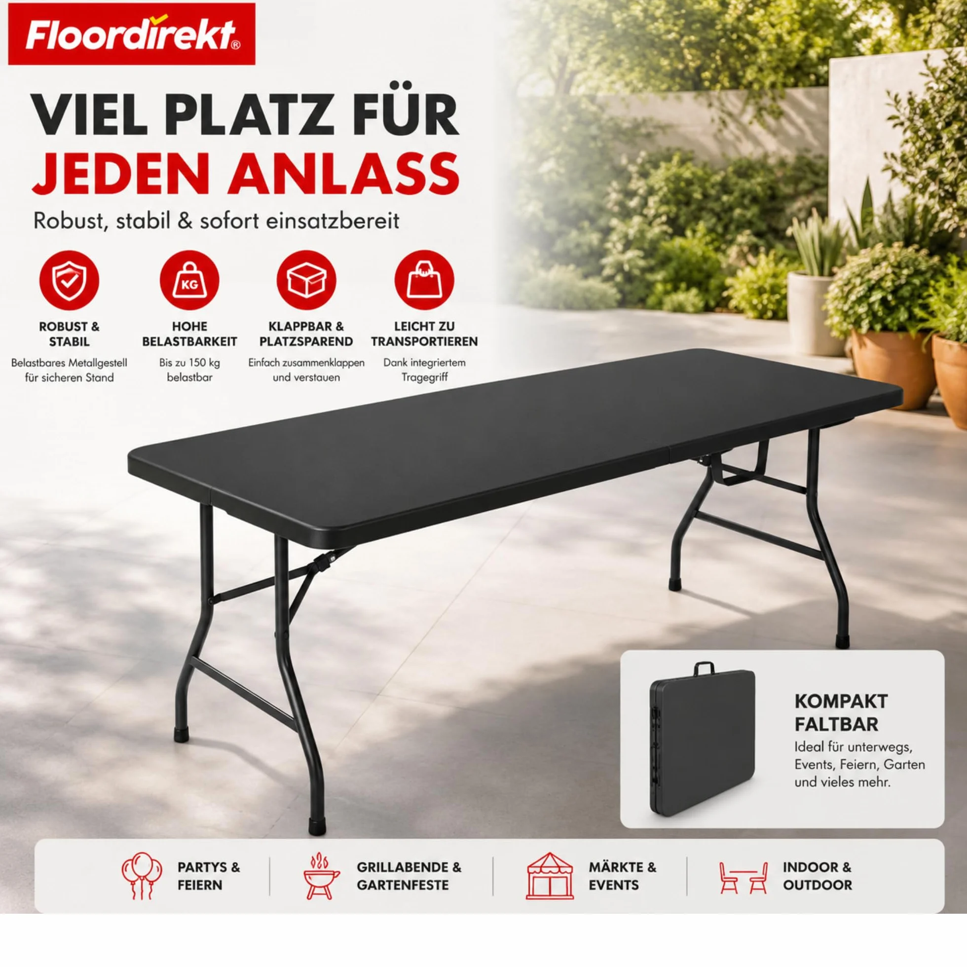 Floordirekt - Składany stół ogrodowy z tworzywa sztucznego 180 x 73 cm – stół bufetowy z uchwytem do noszenia – składany stół do ogrodu, na taras i balkon – stół kempingowy dla 6 osób (Kioto)