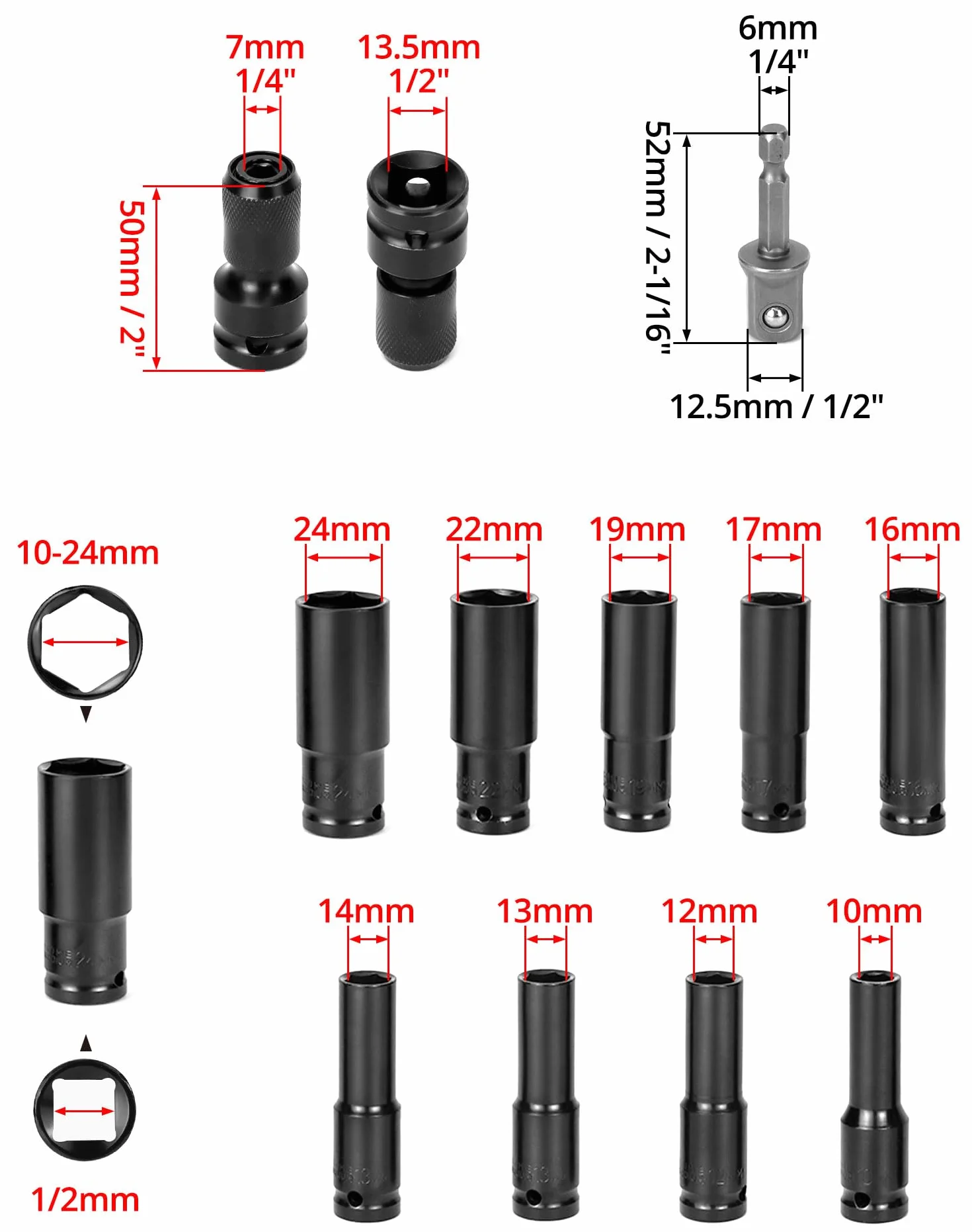 QWORK® 11-częściowy zestaw nasadek udarowych 1/2 cala z adapterem klucza nasadowego 1/4 cala, zestaw długich nasadek metryczny napęd zestaw narzędzi 10-24 mm do wiertarek elektrycznych i