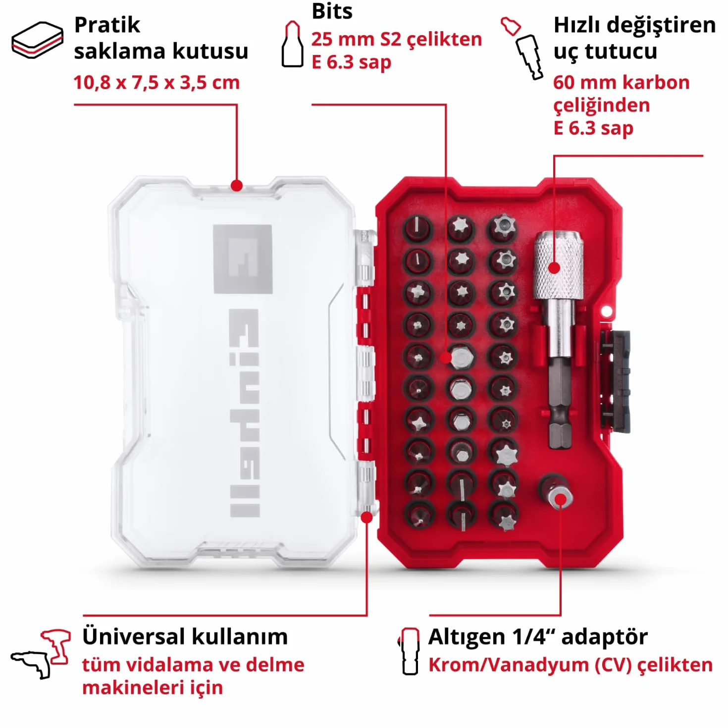 Einhell Xs-Case Zestaw Bitów, Czerwony, 32 Elementy