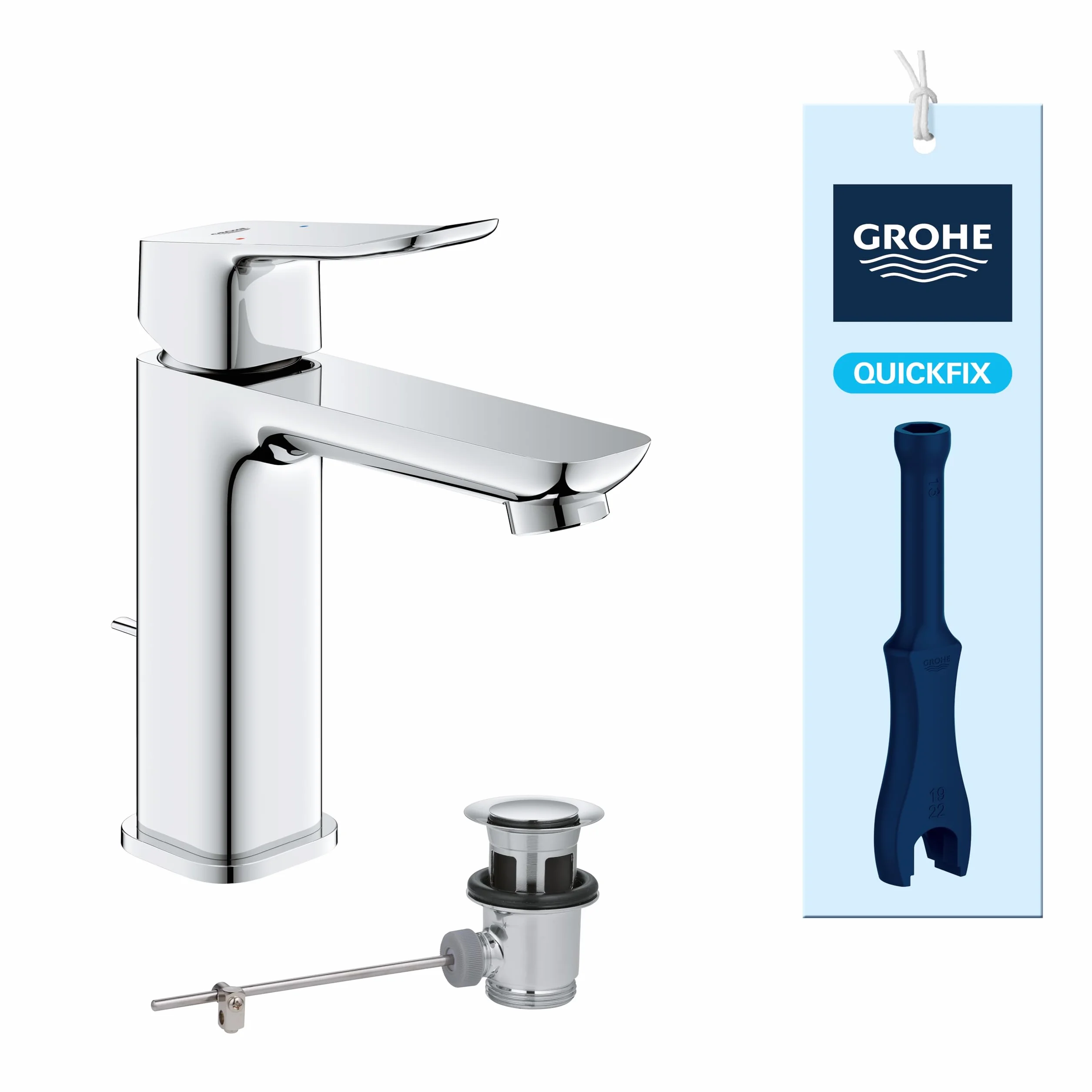 GROHE Jednouchwytowa bateria umywalkowa do kości z wysuwanym zestawem odpadów (rozmiar M 172 mm, wkład ceramiczny 28 mm, oszczędność wody, ogon, 3/8 cala, łatwy montaż za pomocą dołączonego QuickTool