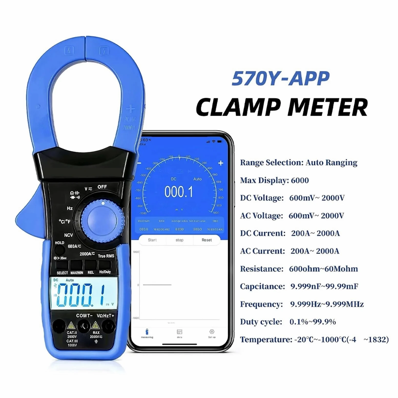 Cęgowy Multimetr Cyfrowy AC/napięcie Prądu Stałego Tester 2000A/2000V Miernik True RMS Podłączanie Telefonu Komórkowego Bluetooth(Blue)