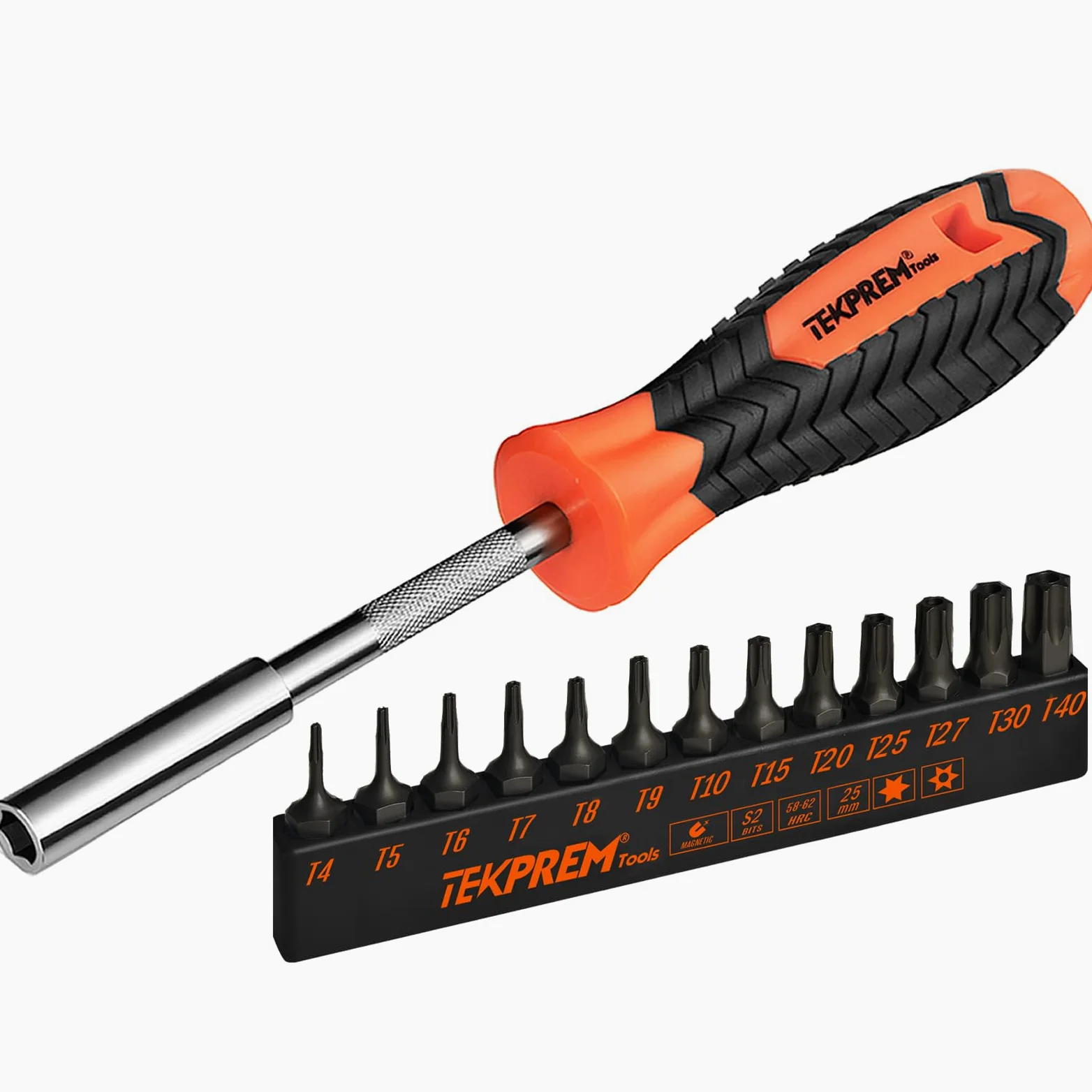 Zestaw bitów Torx z magnetycznym śrubokrętem 1/10.2 cm, TEKPREM 12-częściowy zestaw bitów zabezpieczających Torx z 2.5 cm T5 T6 T7 T8 T9 T10 T15 T20 T25 T27 T30 T40 odporny na manipulacje