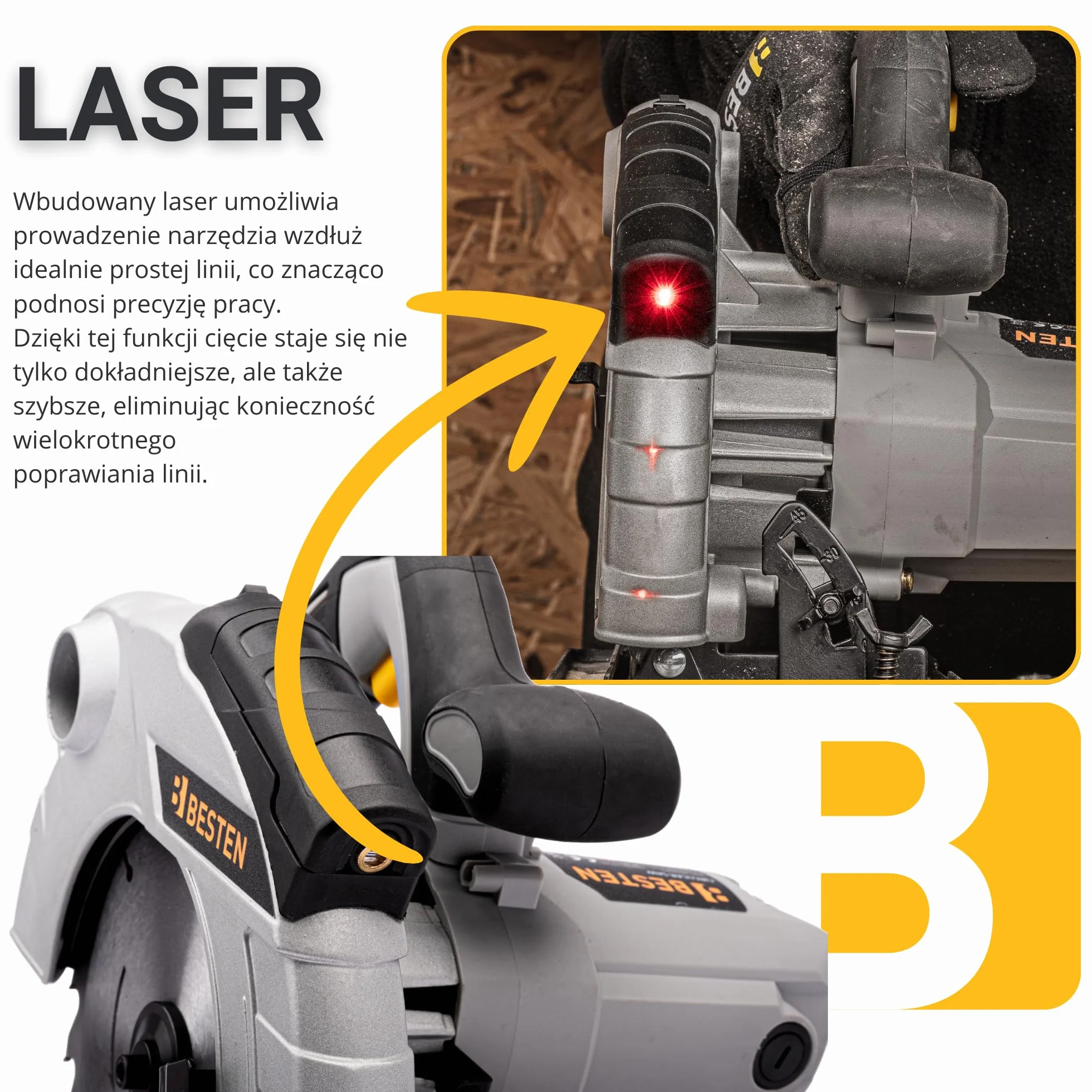 Piła tarczowa ręczna 2000W 185 mm do drewna, laser, 3 tarcze 24T 40T 60T, cięcie 65 mm, regulacja 0–45°, odsysanie pyłu BESTEN