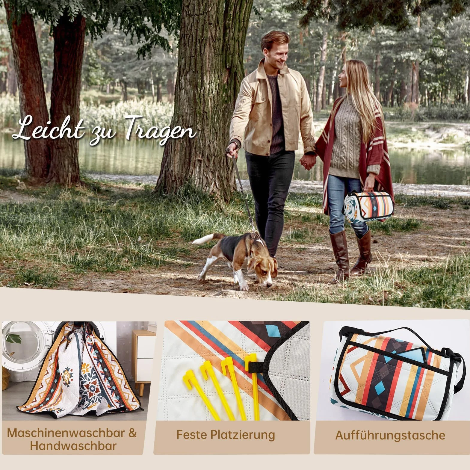 HAUSPROFI Koc piknikowy w stylu boho 200 x 200 cm, wodoszczelny i izolowany – XXL koc outdoorowy na piknik, plażę, do ogrodu. Koc kempingowy wyściełany bawełną, wraz z uchwytem do noszenia i śledziami