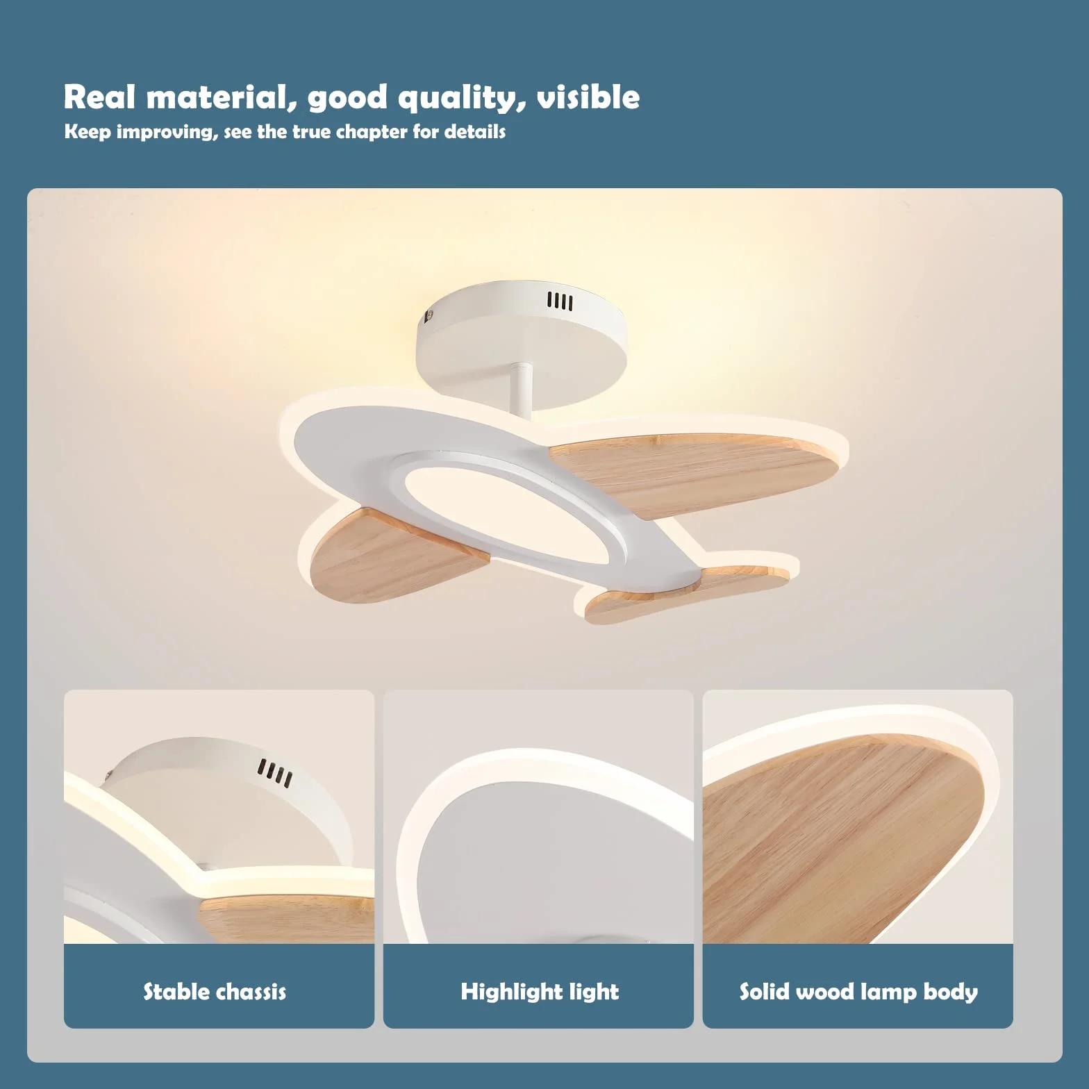 Lampa Sufitowa LED Schindora 35 W Kształt Samolotu Ściemnialna z Pilotem 50x45 cm 2700-6500 K Biała i Drewniana