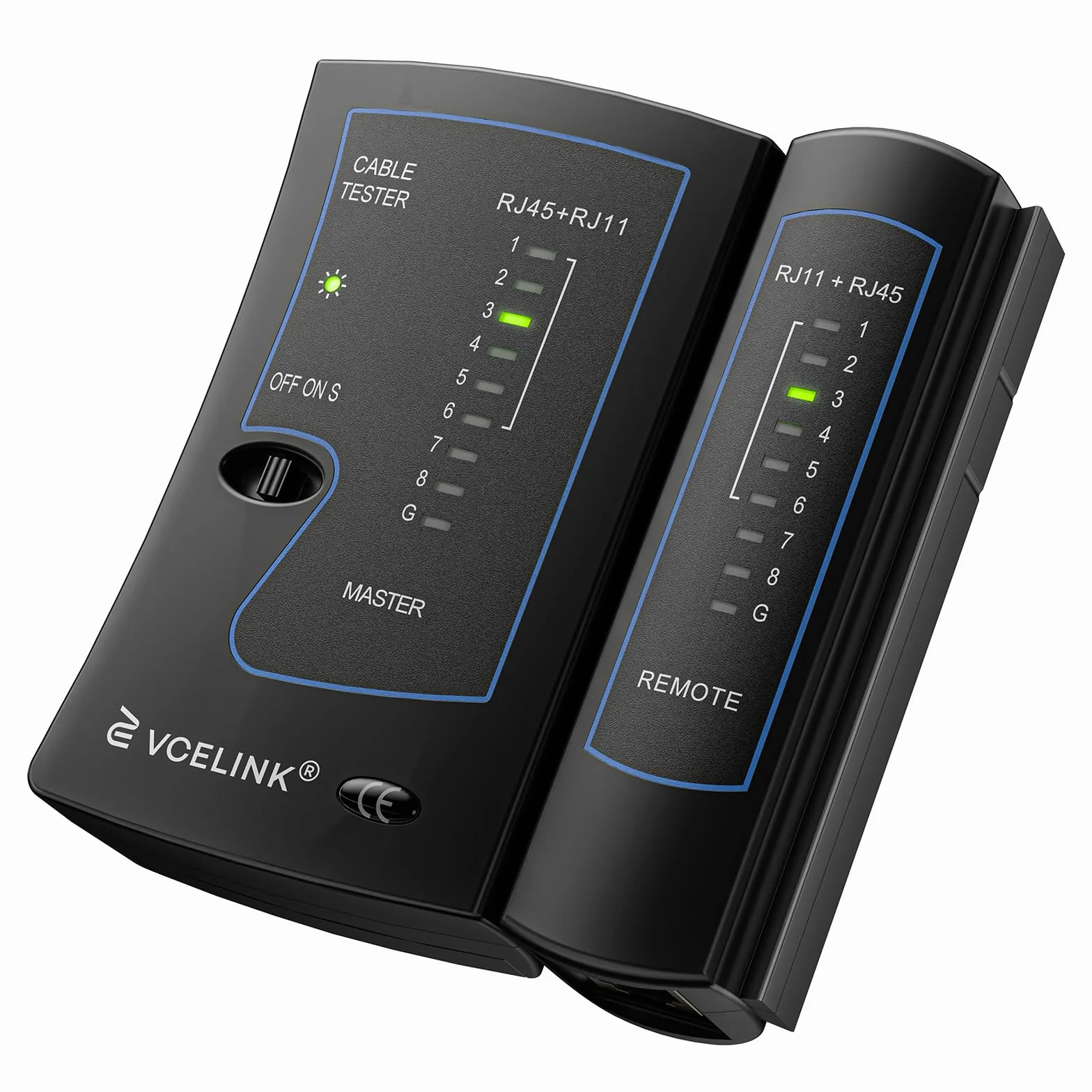 VCELINK Tester kabli sieciowych, tester RJ45 LAN do kabli CAT7, CAT6, CAT5E, CAT5 i kabla telefonicznego RJ11, czarny, 1 sztuka