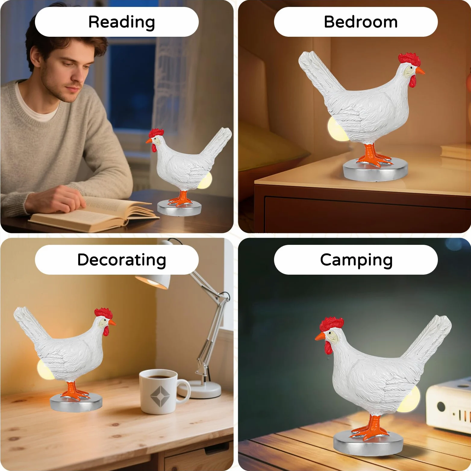 Zabawna lampa z jajkiem kurczaka, unikalna lampka nocna z jajkiem i kurczakiem, zasilana przez USB, żywica, ciepła lampa biurkowa, nowość, kura, składanie jajek, światło na biały słoń, Boże