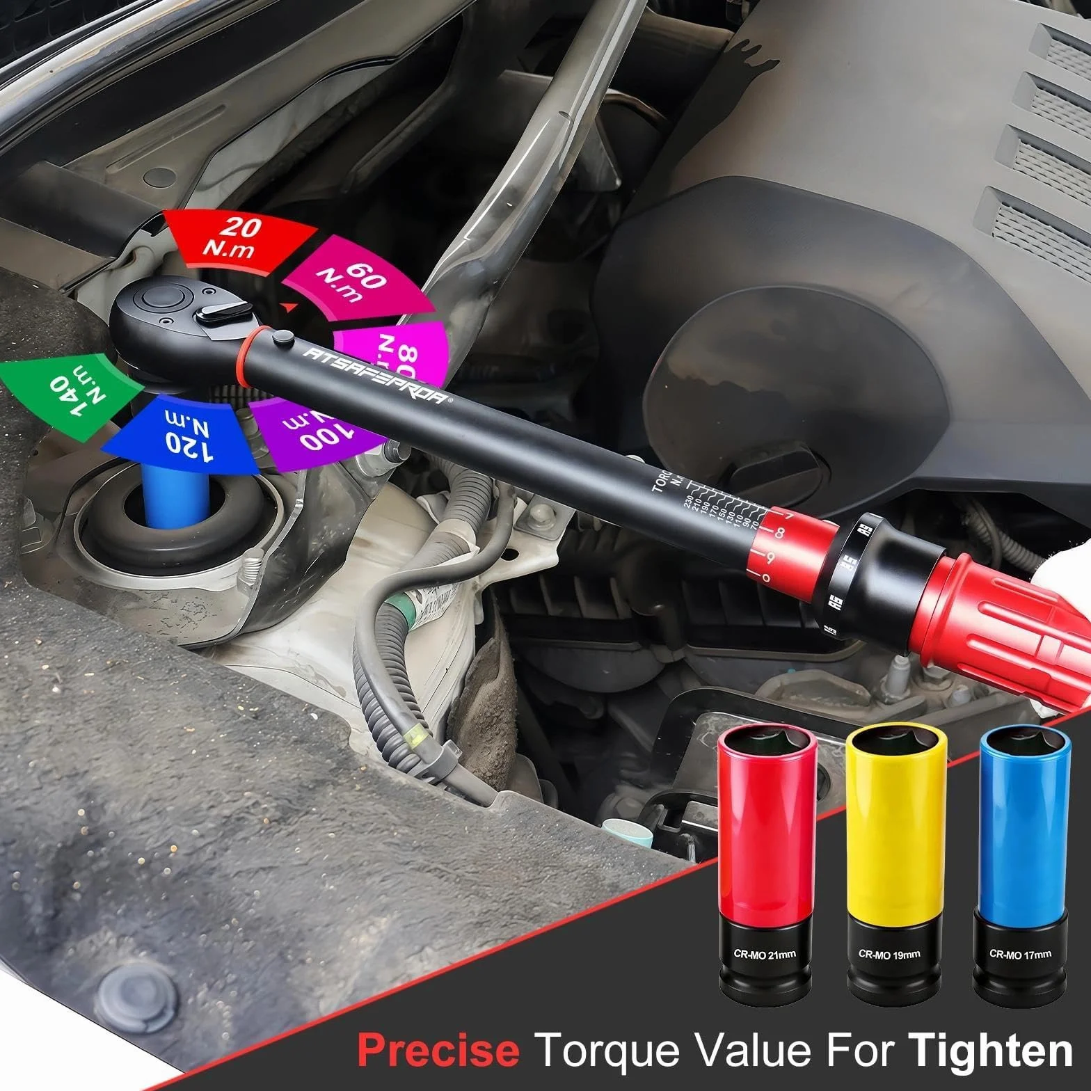 ATsafepro 8-Sztuk Zestaw Klucza Dynamometrycznego 1/2", 20-230 Nm, Manometr do Ciśnienia i Głębokości Bieżnika, Dokładność ±3%, 72-Zęby z 3 Nasadkami, Przedłużka, Adapter do Auta i Motocykla