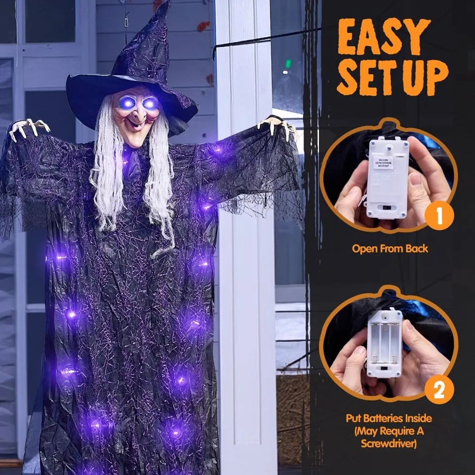JOYIN Dekoracje na Halloween 183 cm do wnętrz wisząca gadająca czarownica wystrój, świecący duch z fioletowymi oczami aktywacja dźwiękiem nawiedzony dom artykuły imprezowe rekwizyt