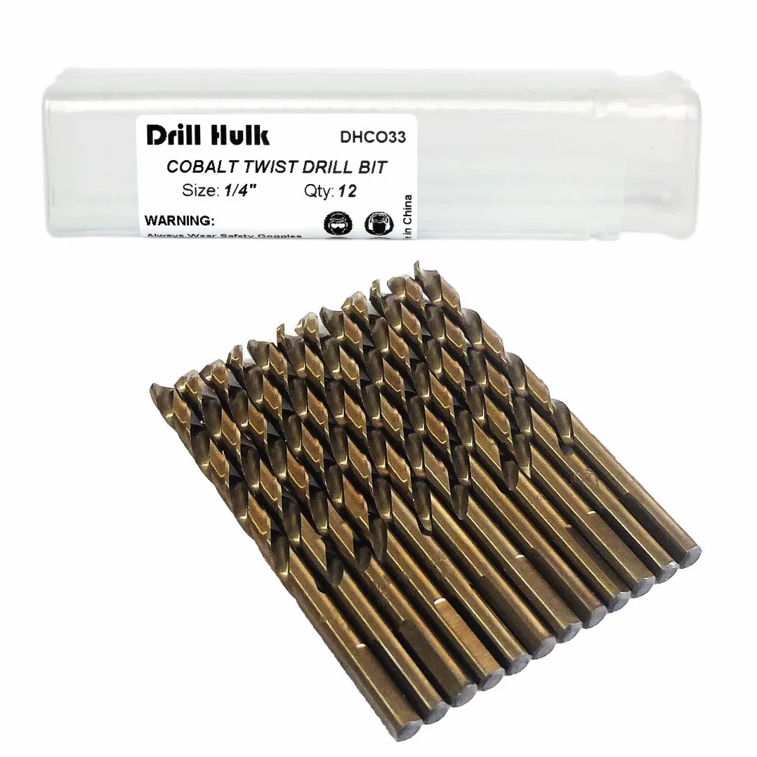 Lot de 12 forets hélicoïdaux en acier cobalt M35 1/4" pour métal dur, acier inoxydable