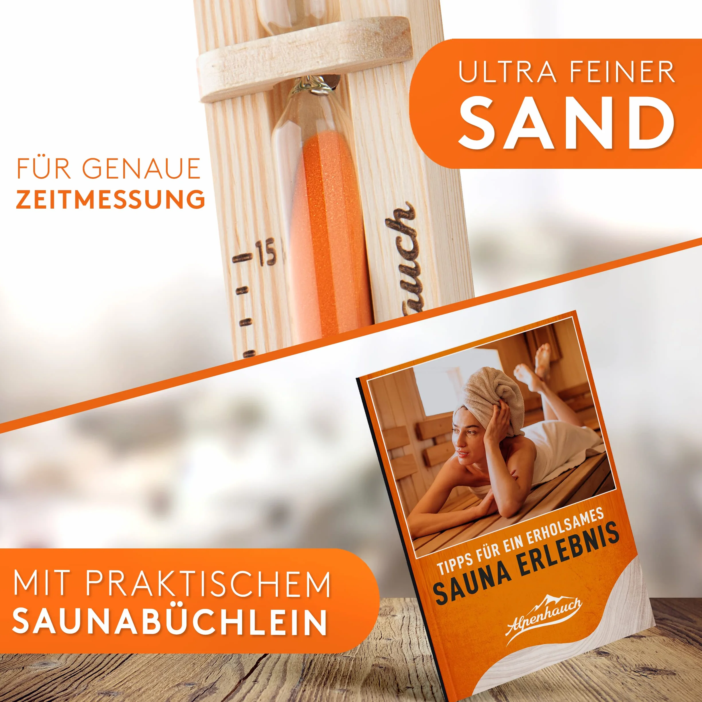 ALPENHAUCH Klepsydra do sauny 15 minut naturalne drewno szkło bezpieczne obracany 360°