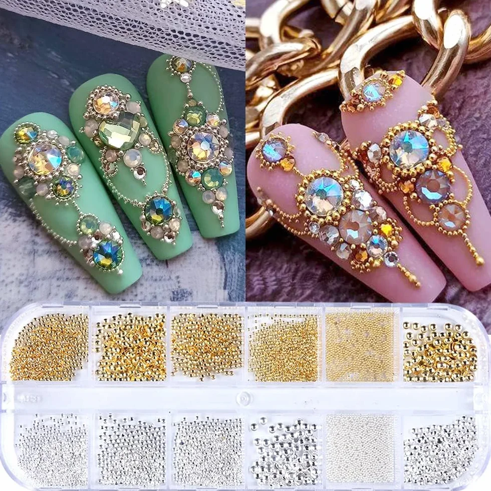 Nailart koraliki do paznokci, 0,3-3 mm, złote srebro, mini kawior, kamienie stras, białe beżowe, mini paznokcie, mikroperły, dekoracja do paznokci