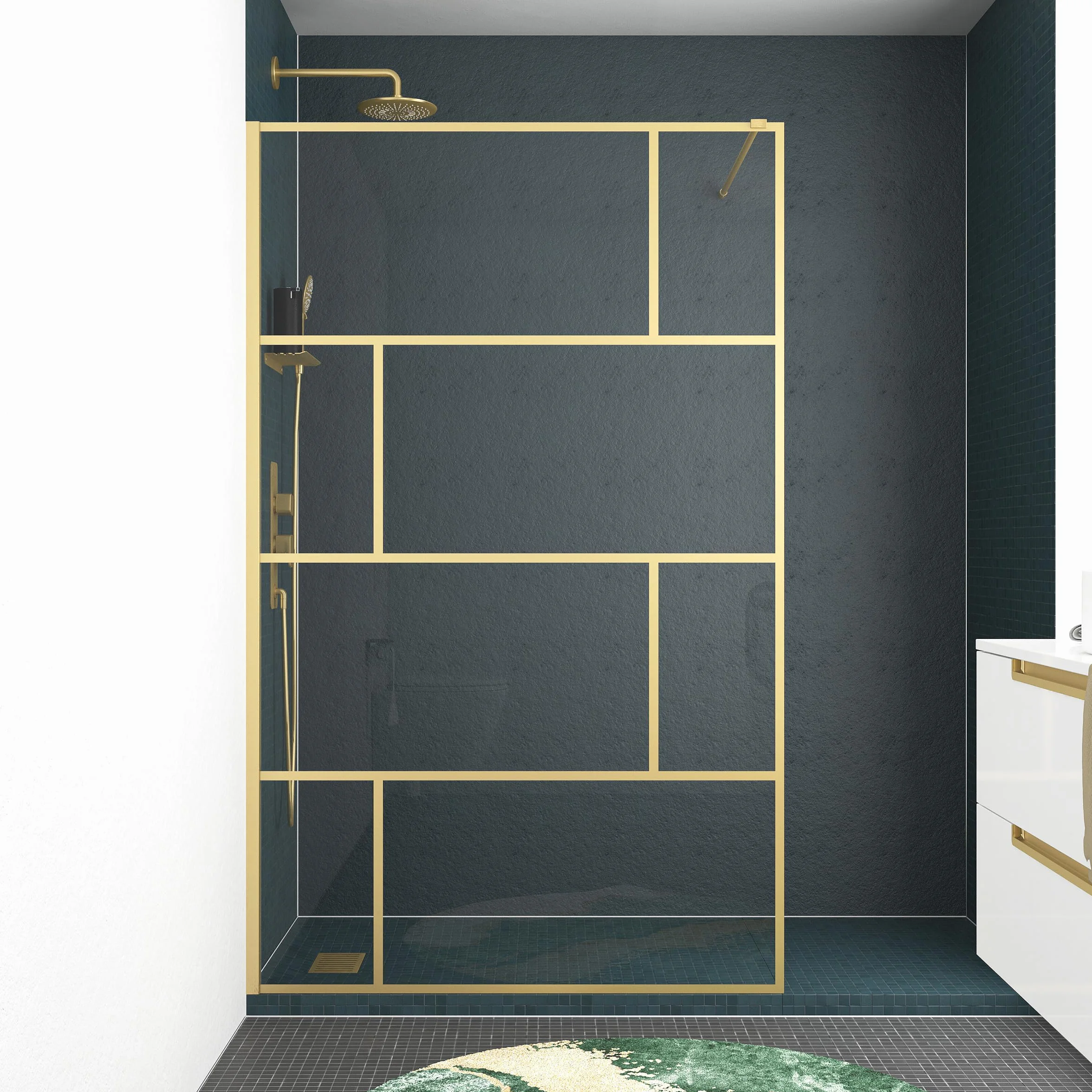 Marwell Walk In prysznic Bricks Gold 120 x 195 cm – ścianka prysznicowa z 5 mm szkła hartowanego – kabina prysznicowa ze złotym sitodrukiem i wysokiej jakości profilem ściennym aluminiowym