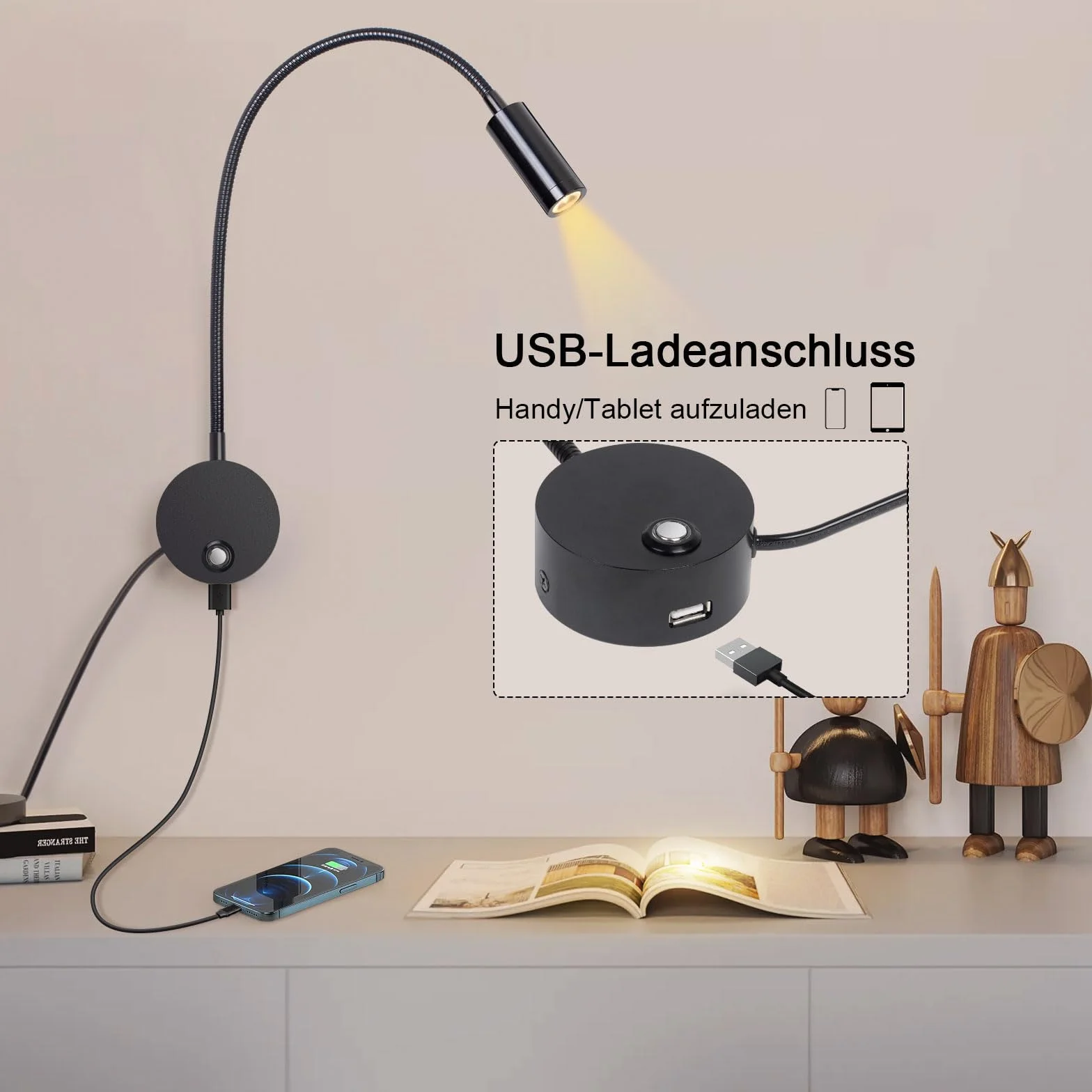 ERWEY 2 sztuki lampy do czytania, lampa ścienna LED, dotykowa, ściemniana, 3 tryby temperatury barwowej, lampa do łóżka z przyłączem USB do ładowania, do sypialni, czarna