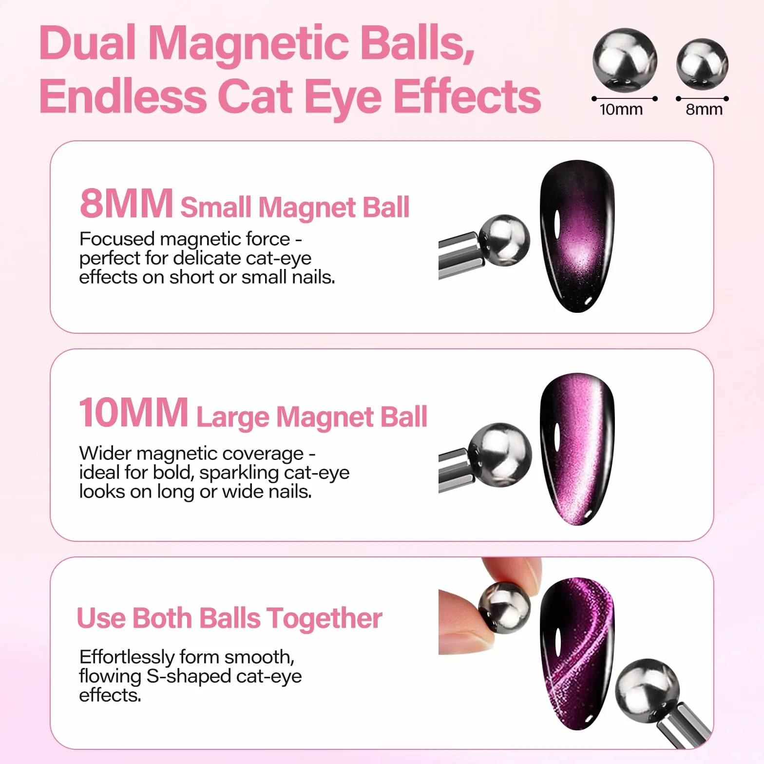 EBANKU Dwustronny Cat Eye Nail Magnet Stick Set, 3 w 1 Magnetyczny Długopis do Zdobienia Paznokci z Okrągłymi Koralikami, żelowy Lakier do Paznokci Cat Eye Magnetic Tools for Nail Salon(Fioletowy)