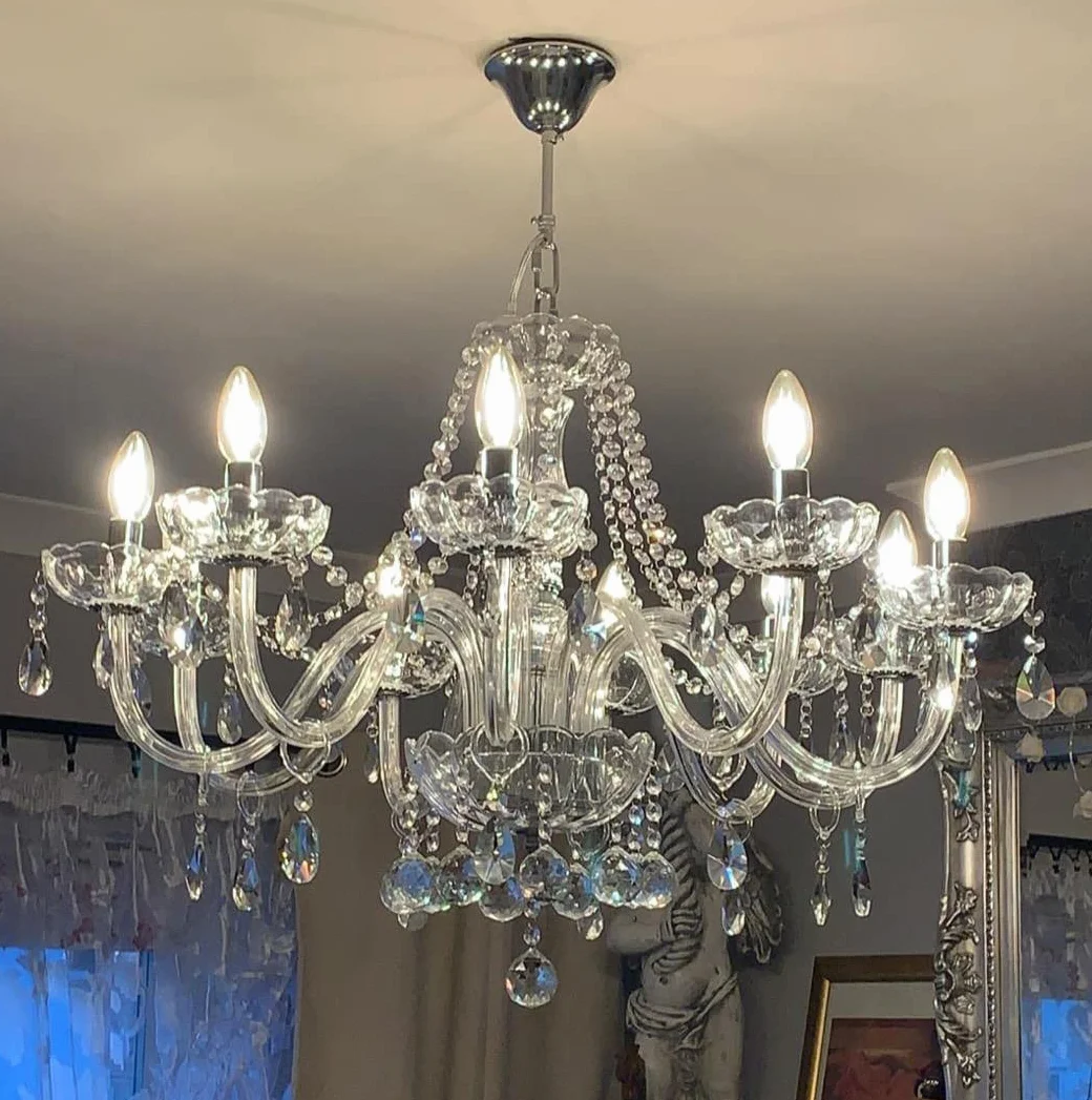 Nowoczesny kryształowy żyrandol z 10 lampkami, przezroczyste szkło kryształowe K9, elegancka lampa wisząca do jadalni, salonu, foyer, salonu, średnica 80 cm, wysokość 60 cm, łańcuch 60 cm