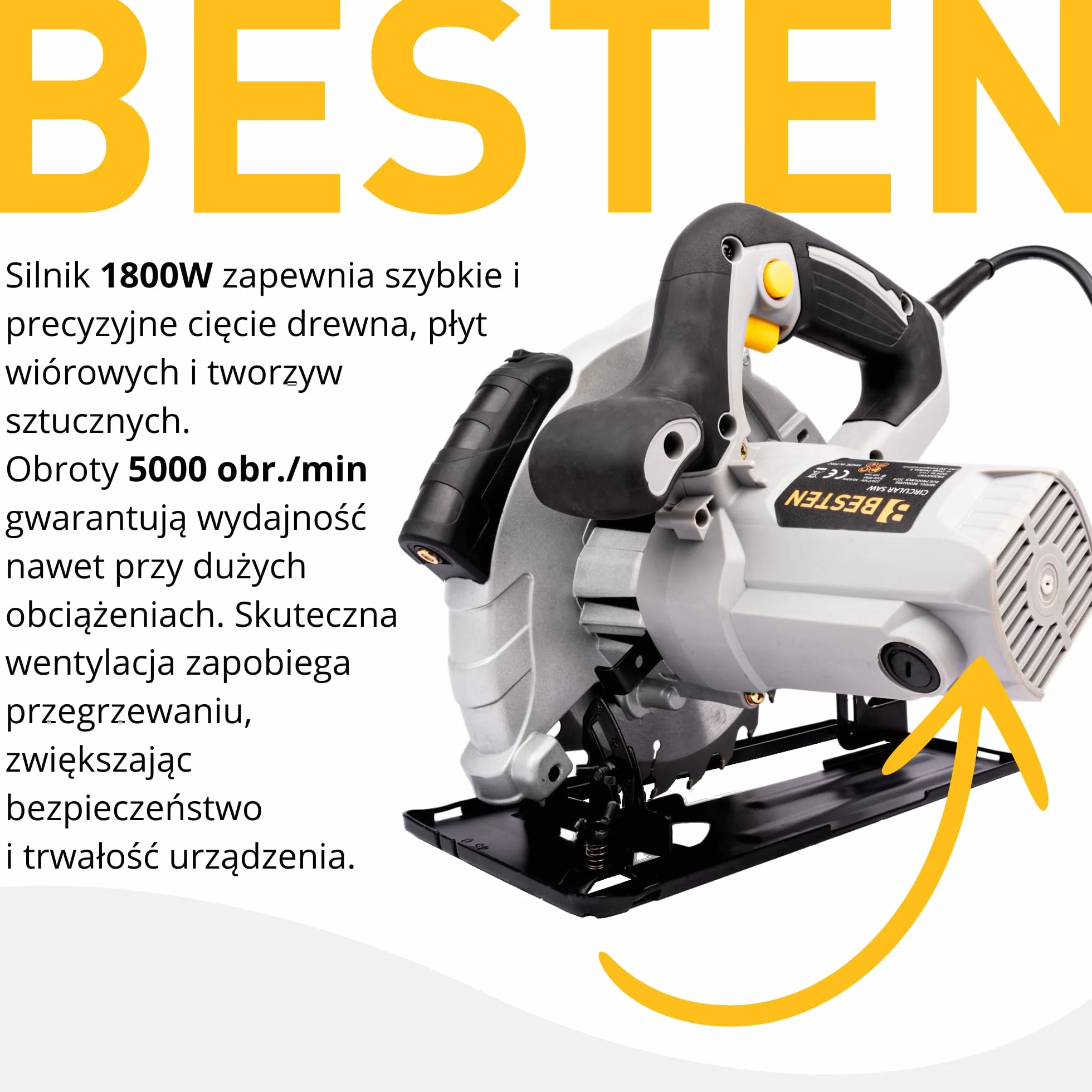 Piła tarczowa ręczna 2000W 185 mm do drewna, laser, 3 tarcze 24T 40T 60T, cięcie 65 mm, regulacja 0–45°, odsysanie pyłu BESTEN