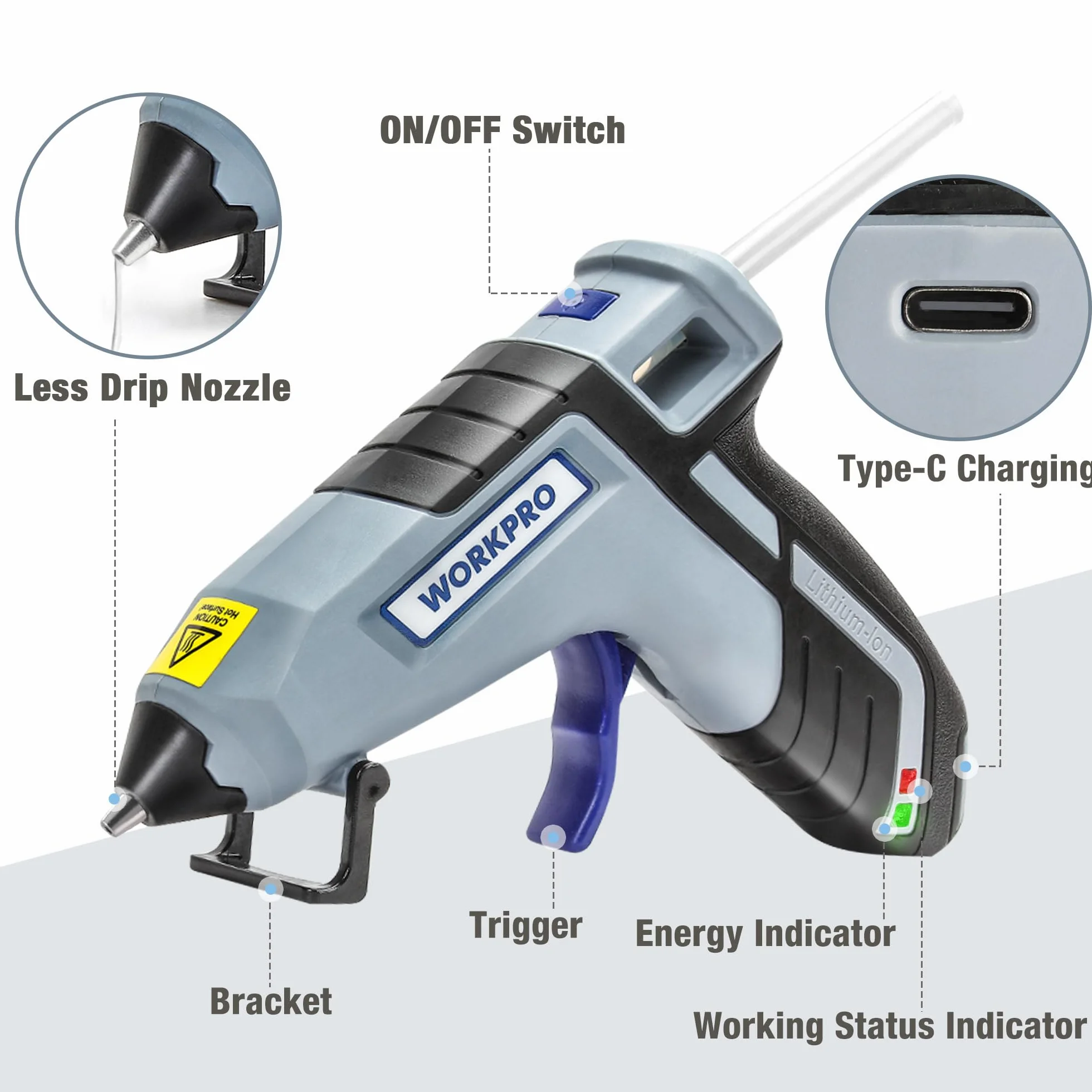 WORKPRO Akumulatorowy pistolet do klejenia na gorąco 3,6 V, 20 sztyftów kleju, elektryczny pistolet do klejenia, automatyczne wyłączanie, szybkie nagrzewanie