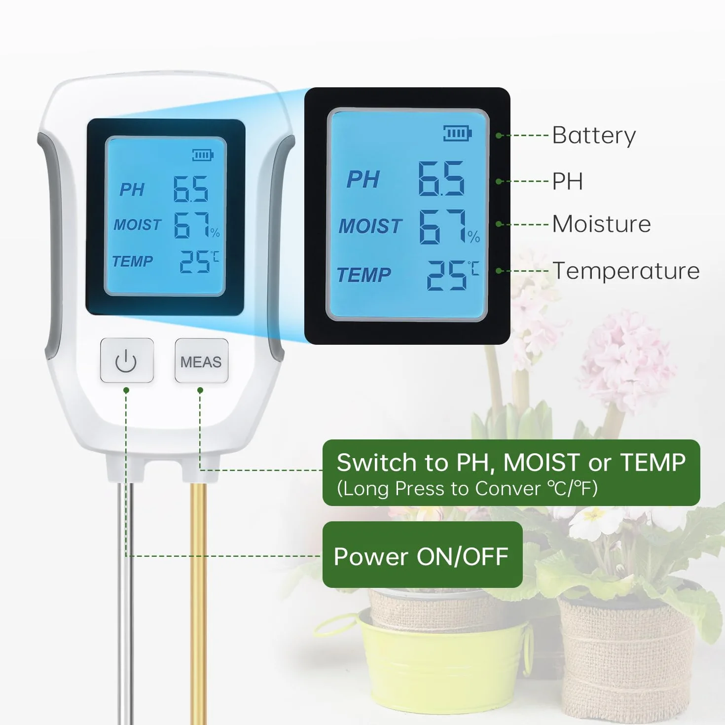 Wigearss 3 w 1 Miernik Gleby, Cyfrowy Tester pH, Tester Wilgotności i Światła z Podświetlanym Wyświetlaczem LCD do Ogrodnictwa, Rolnictwa, Roślin Outdoor