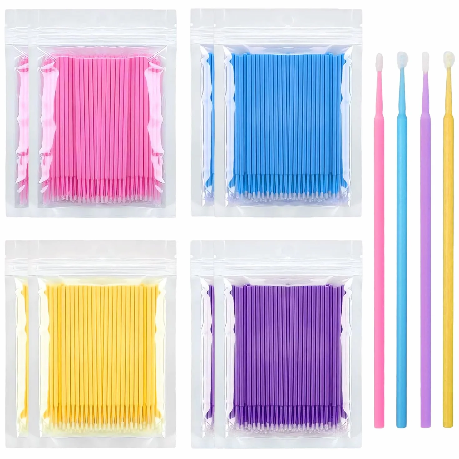 Xmart Opakowanie 800 Mikropędzli Patyczki do Czyszczenia Sztyfty Microbrush Mikroaplikatory Pędzle Mikropędzle Szczoteczka Rzęs Waciki do Przedłużania Rzęs Makijaż (Niebieski Żółty Różowy Fioletowy)
