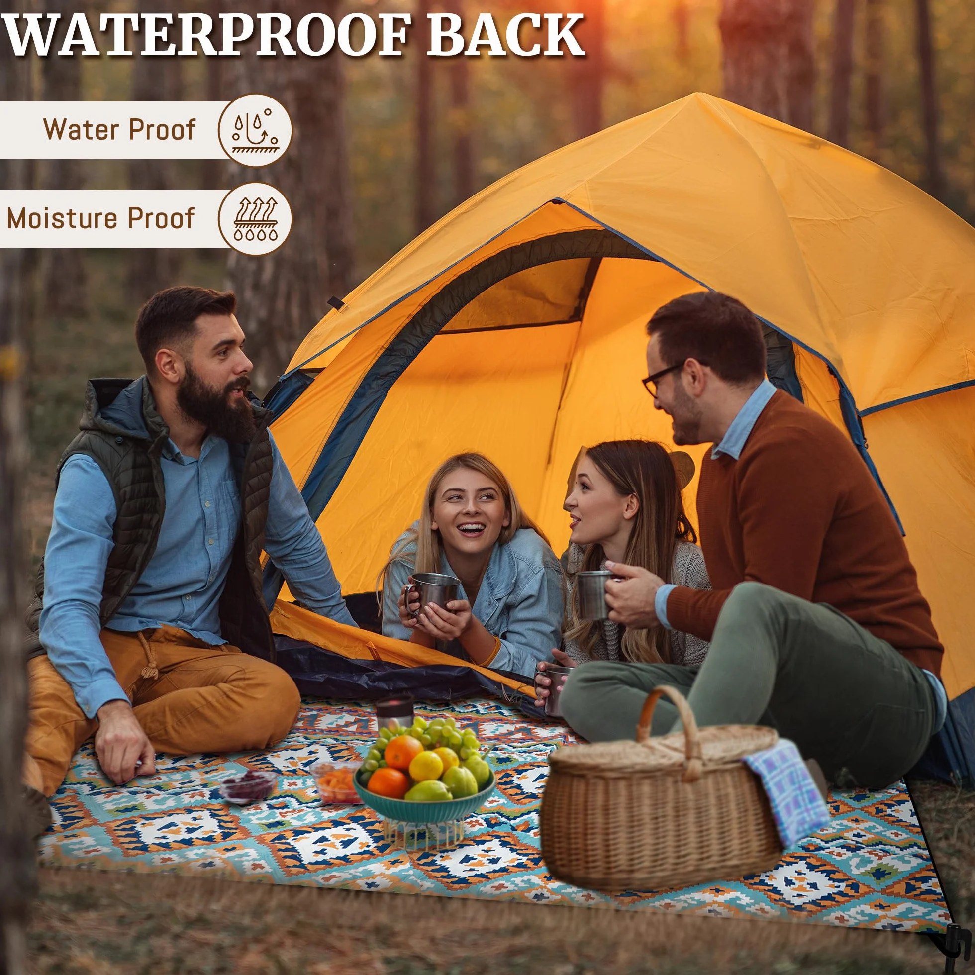 Gucass Boho Koc piknikowy 200x200 cm, Składany Mata Piknikowa - wodoodporny, piaskoodporny, koc outdoorowy dla całej rodziny na na kemping, podróż, do parku, na plażę, do ogrodu