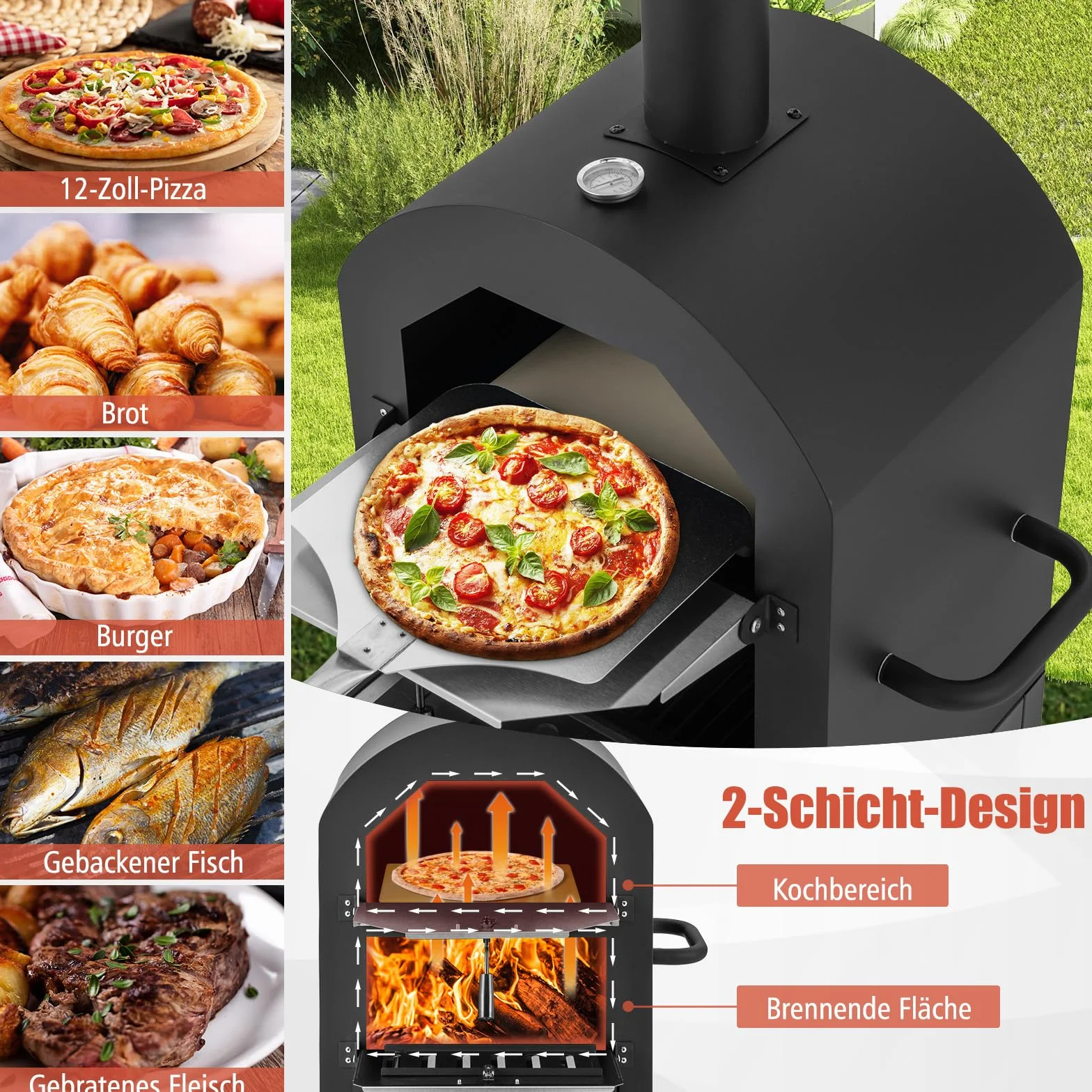 COSTWAY Piec do pizzy opalany drewnem z termometrem i kółkami na zewnątrz